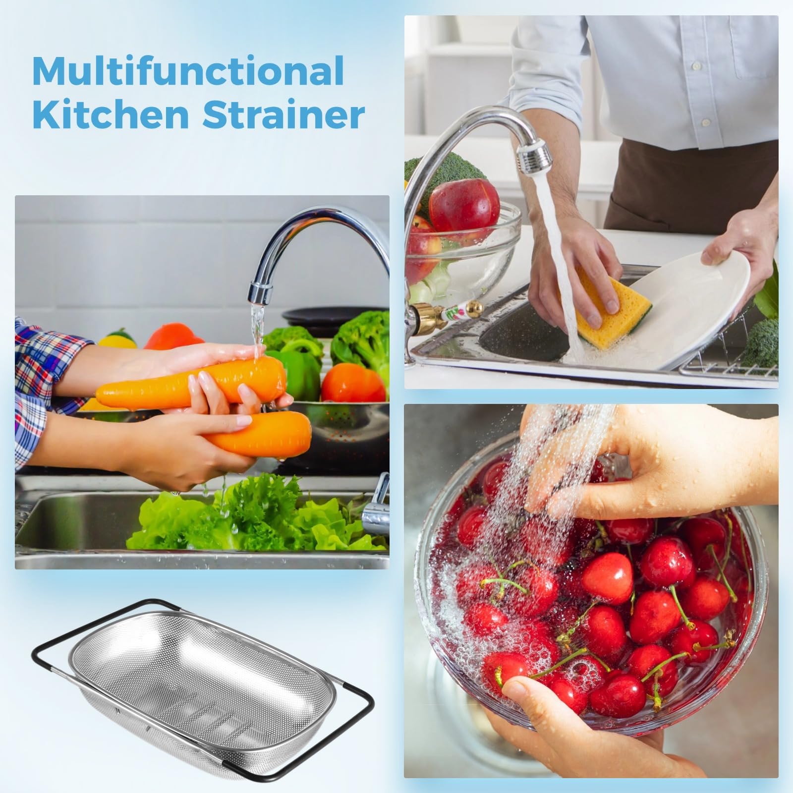 2 coladores sobre el fregadero, coladores y coladores para fregadero de cocina con asas expandibles, colador de acero inoxidable, colador de pasta y verduras y frutas