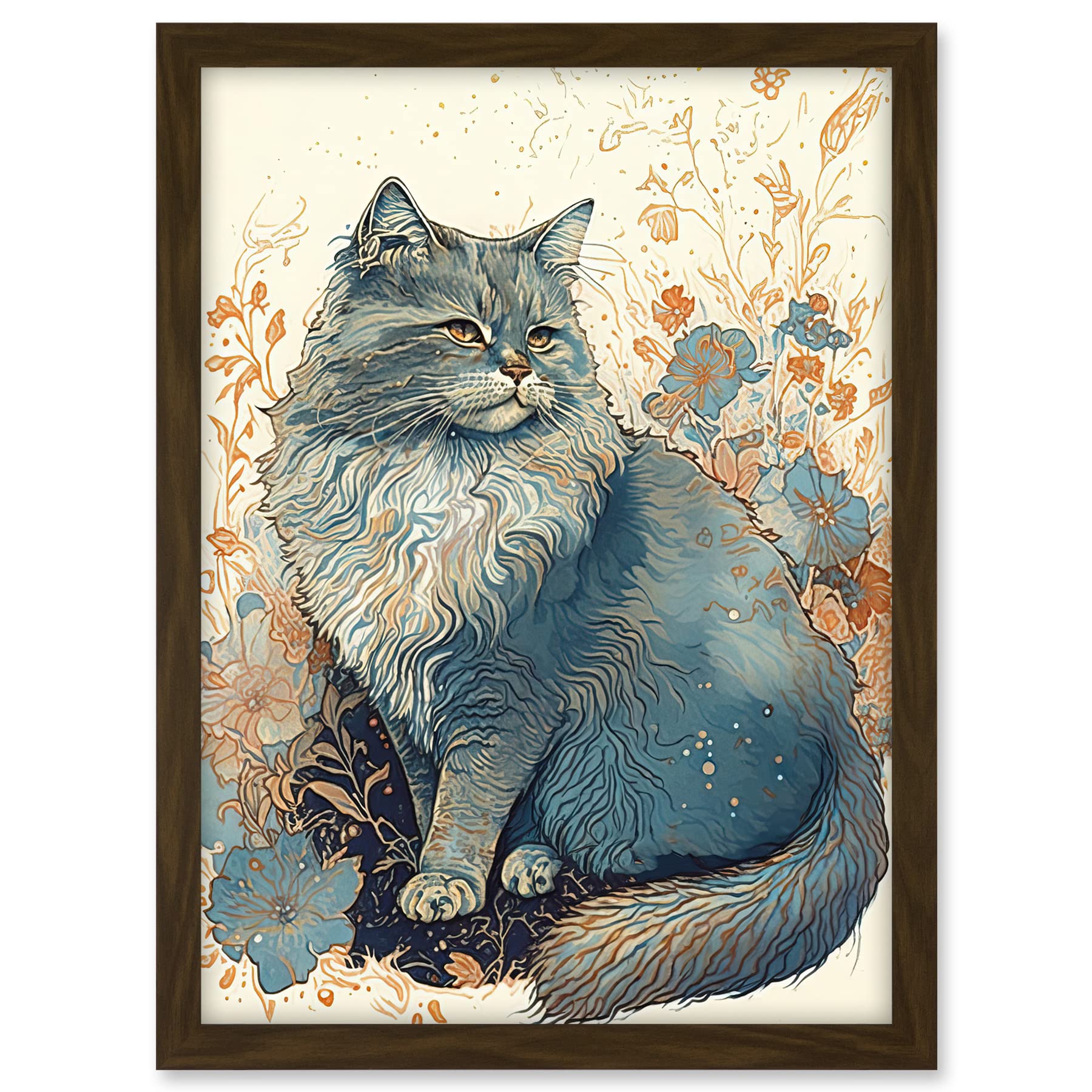 Artery8 Fluffy Cat in Wildflowers Teal and Orange Watercolour Illustration Artwork Framed A3 Wall Art Print