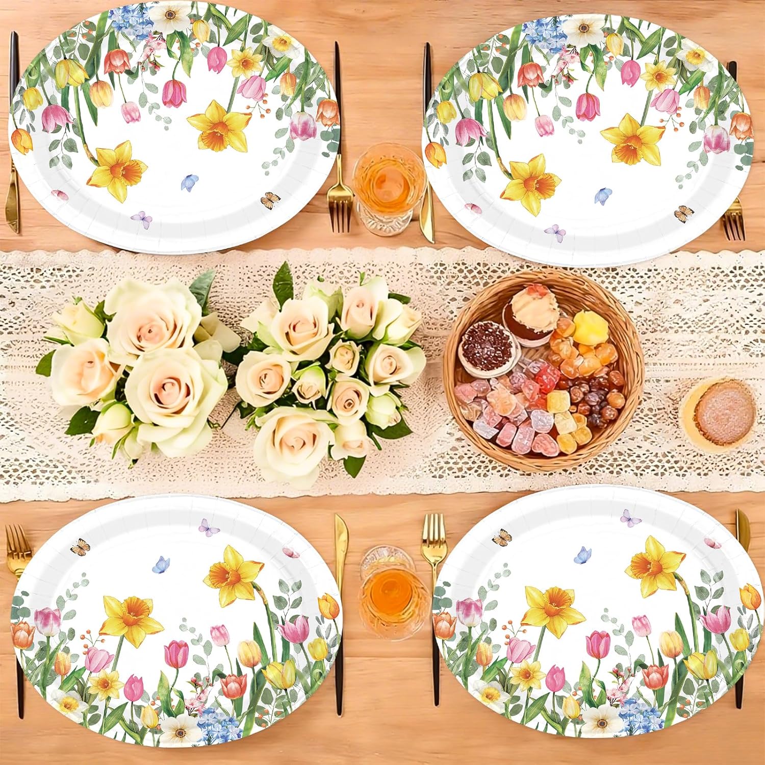 50 Pcs Tulip Paper Plates 10" x 12" Large Disposable Tulip Daffodils Floral Heavy Duty Paper Platters Blooming Flowers Butterfly Plates for Easter Spring Wedding Bridal Shower Birthday Party Supplies