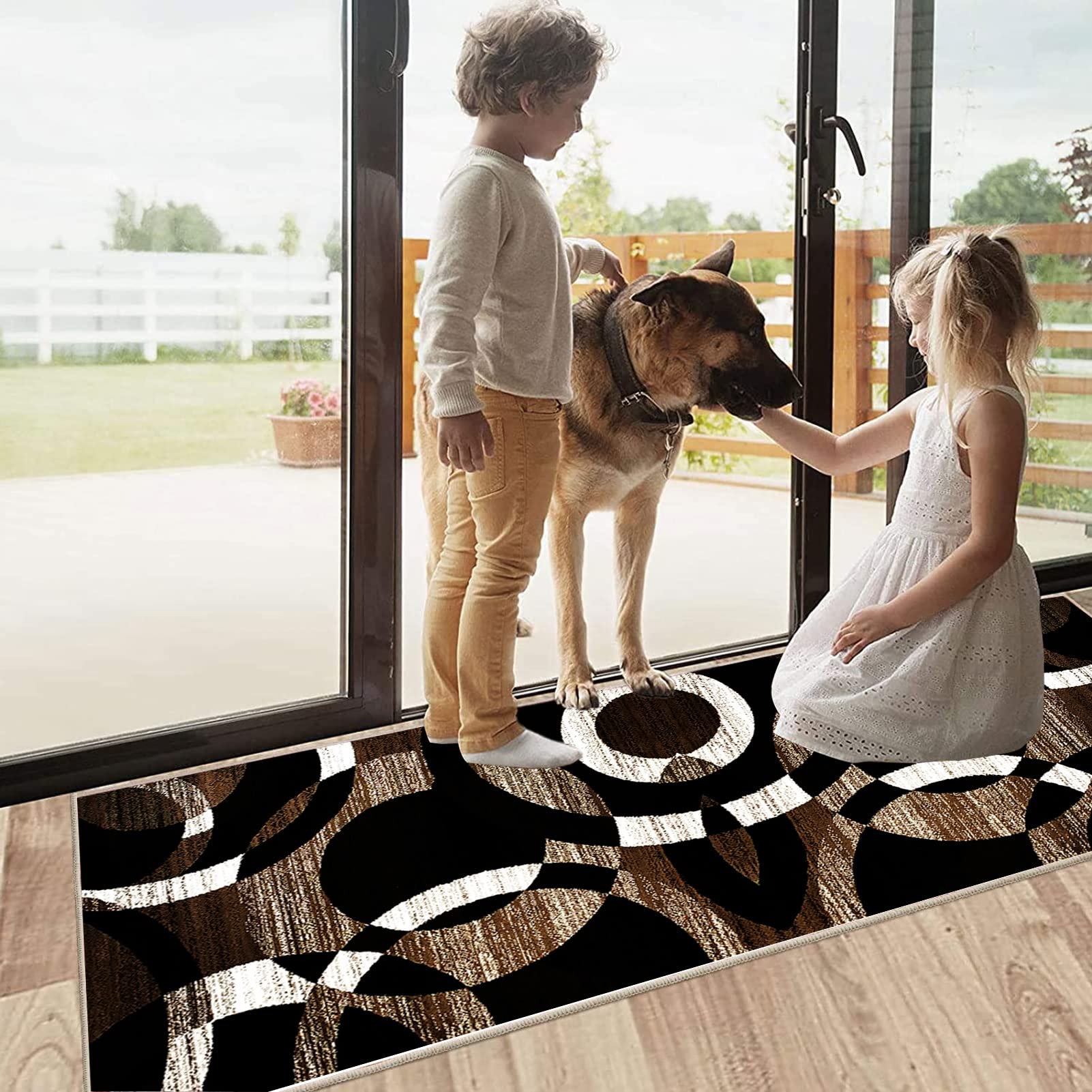 Tapis de Couloir Passage 80X420CM Antidérapant Style Géométrique, Tapis Long Marron, Noir, Blanc Polyester Lavable pour Couloir, Entrée Étroite Salon Runner Rug Moderne Tapis