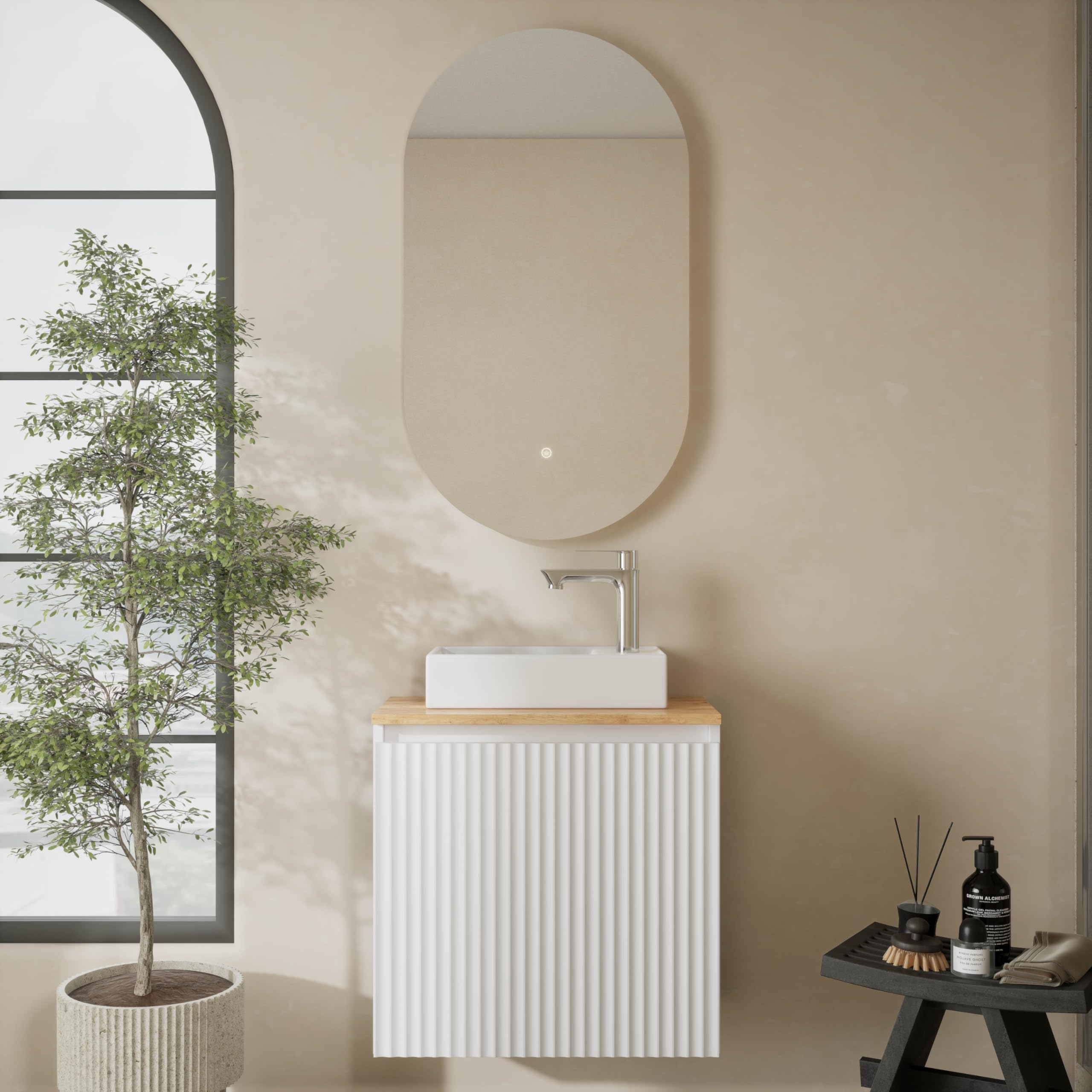Planetmöbel Badmöbel Set Waschtisch mit Unterschrank 56 x 55 x 30 cm weiß & Gold Eiche, Badspiegel mit Beleuchtung, 50,7 x 90,7 cm, Rahmenlos, oval, 2 Lichtstufen, Touchschalter