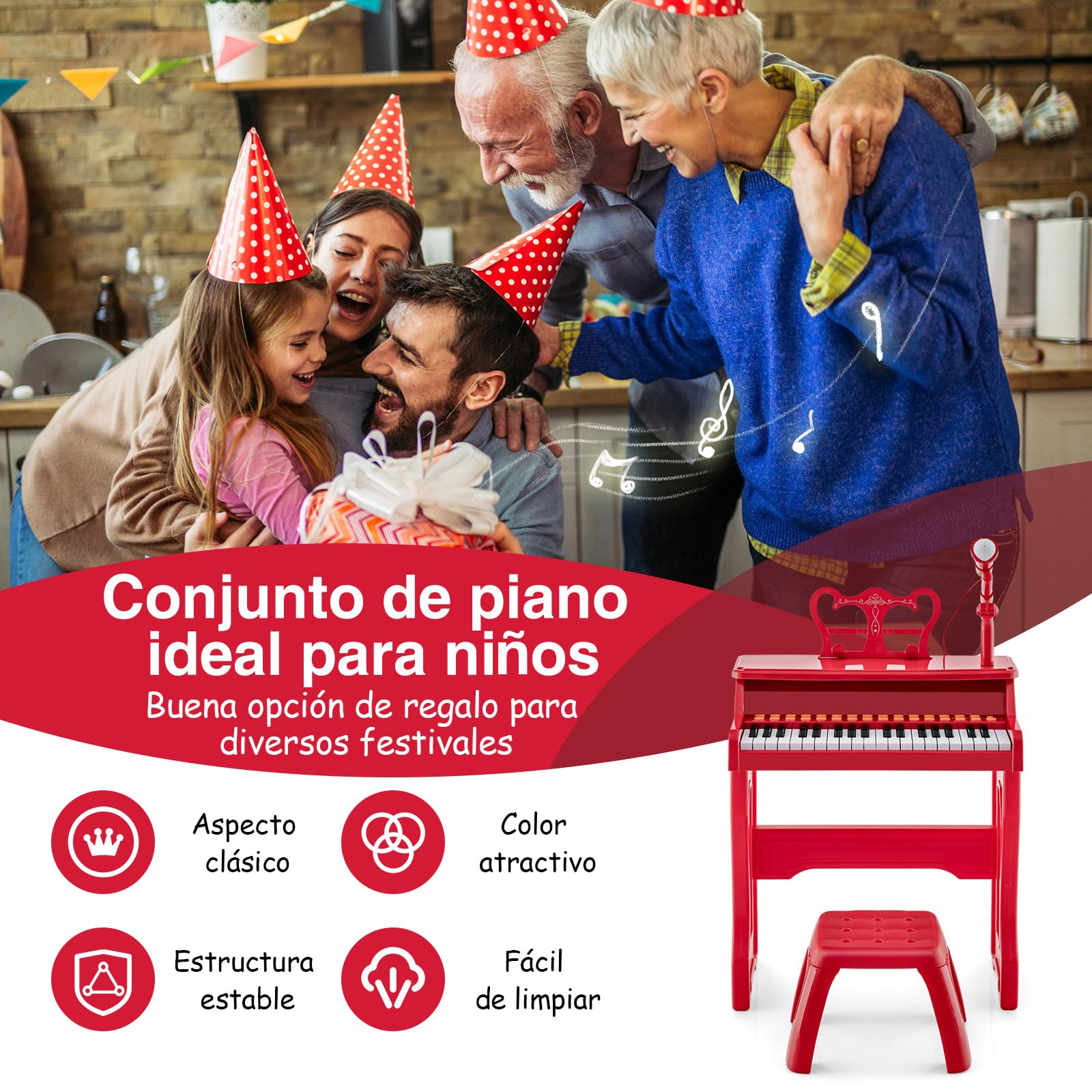 RELAX4LIFE Piano Infantil 37 Teclas con Micrófono Ajustable, Atril Extraíble, Taburete, Funciones de Grabación y Reproducción, 22 Canciones, 8 Ritmos, 8 Instrumentos y MP3 para Niños 3+ Años (Rojo)