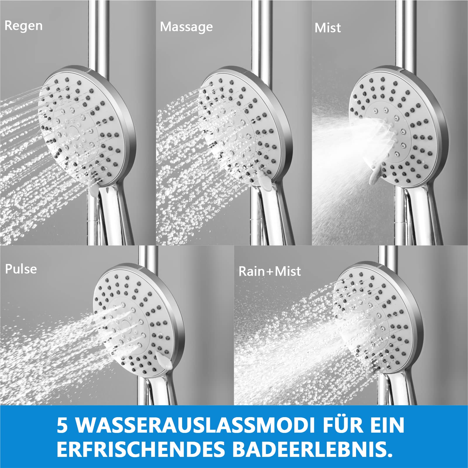 KOMIRO Duschsystem ohne Armatur, Regendusche ohne armatur Duschstangeset Duschsäule Set Duschset mit Regendusche Kopfbrause und 5 Strahlarten Handbrause, Runde, Chrom