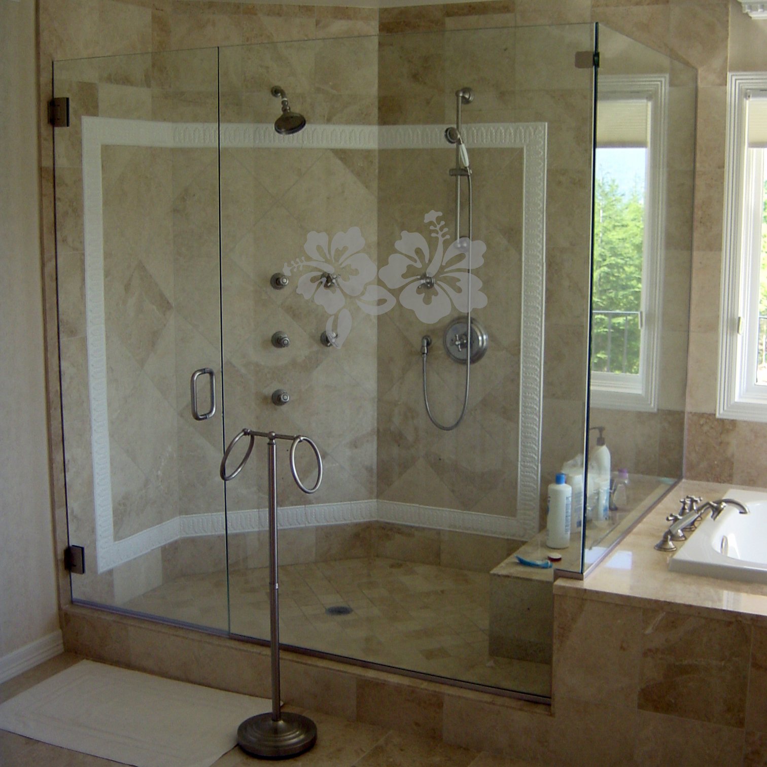 Hibiscus - Coastal Design Series - Etched Decal - Shower Doors, Sliding Glass Doors & Windows - 9" tall x 12" wide