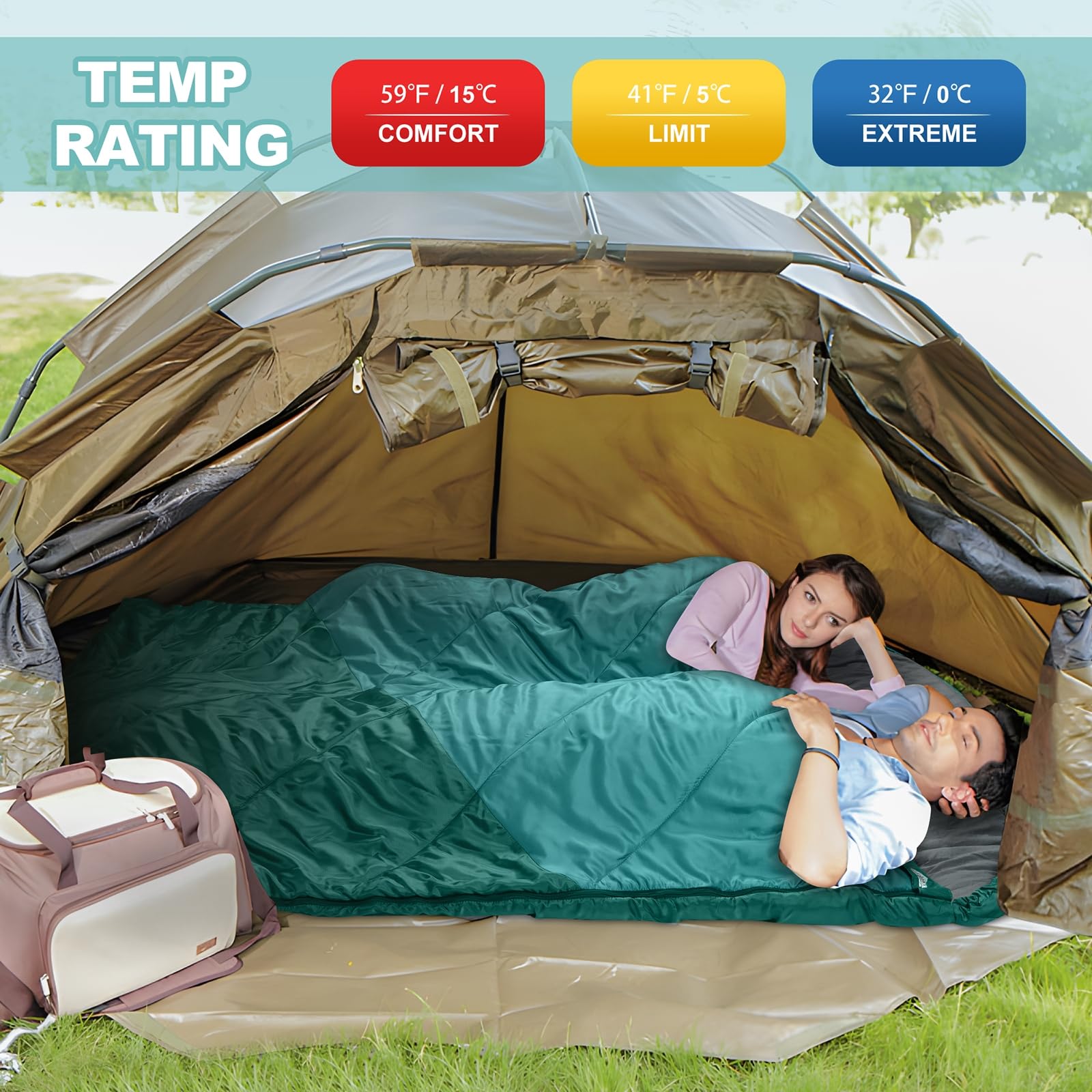 Saco de dormir doble, saco de dormir para 2 personas, tamaño Queen, para adultos, parejas, familia, camping, mochileros, XL, impermeable, ligero, para clima frío y cálido (azul lago)
