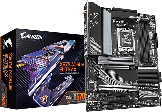 GIGABYTE X670 AORUS Elite AX (AM5/ LGA 1718/ AMD/ X670/ ATX/ 5 años de garantía/DDR5/Quad M.2/PCIe 5.0/USB 3.2 Gen2X2 Tipo-C/AMD WiFi 6E/LAN de 2.5GbE/Q-Flash Plus/M.2 EZ-Latch/placa base para juegos)