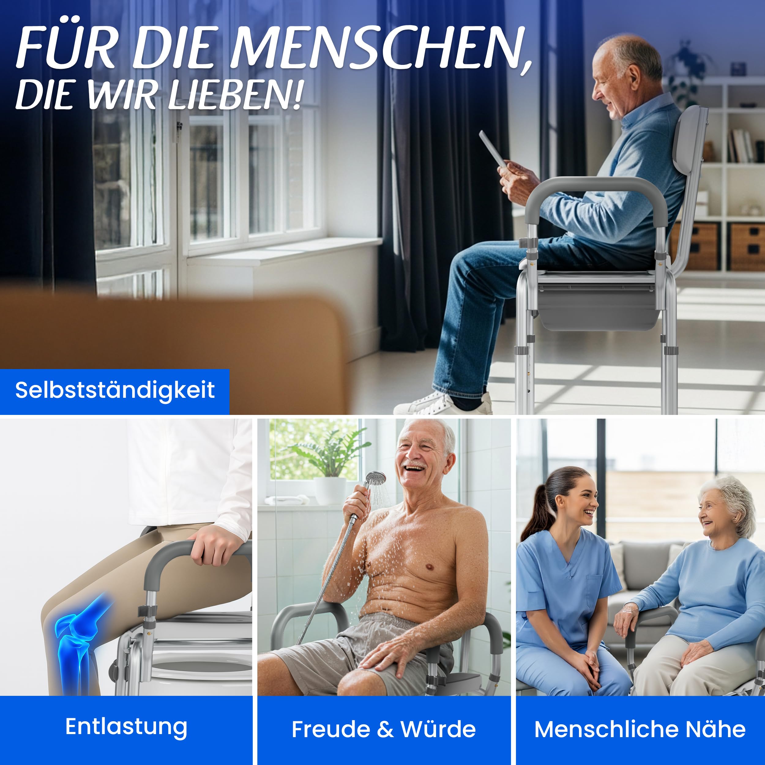 3-in-1 Toilettenstuhl, Toilettensitzerhöhung & Duschstuhl. Registriertes Medizinprodukt. Höhenverstellbar. Bis 136 kg. Rückenlehne & Armlehnen für Sicherheit. Aufstehhilfe. Entlastet Pflegende