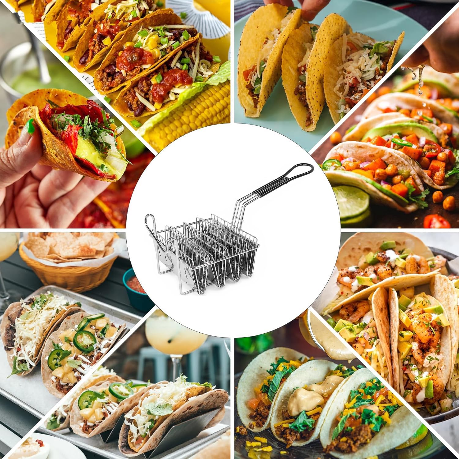 Cesta para Freidora de Tacos para 4 Conchas, Soporte para Taco de Acero Inoxidable con Asas, para Cocina