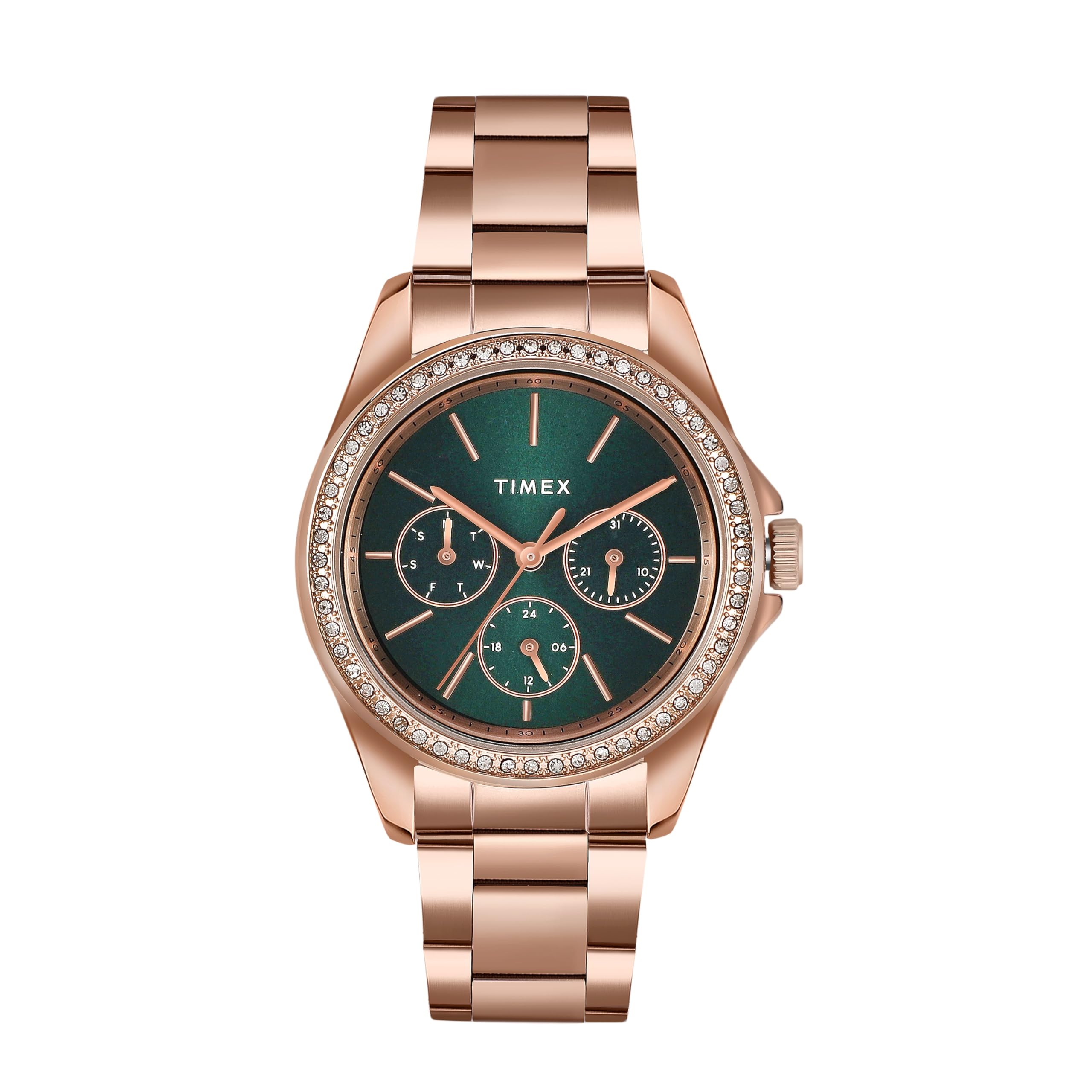women stainless steel multifunction analogue green dial watch - tw000z402, band color-rose gold