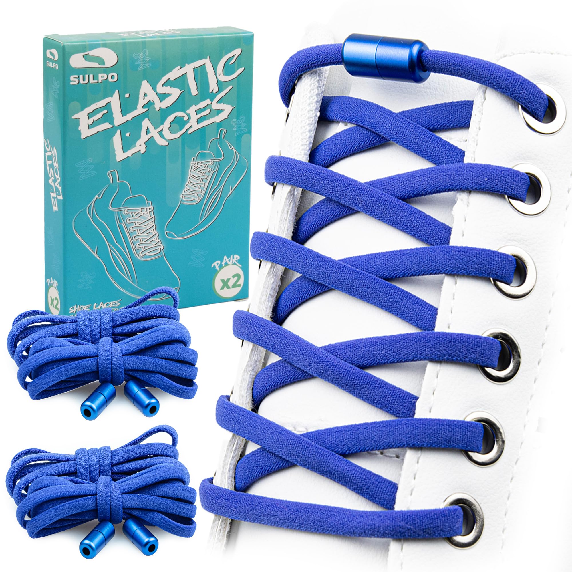 SULPO 2 paar veters zonder strikken, elastische veters voor sneakers, schoenveters snelsluiting, systeem met metalen capsules, voor volwassenen, kinderen en senioren, Wit en blauwe vlekken, Eén Maat