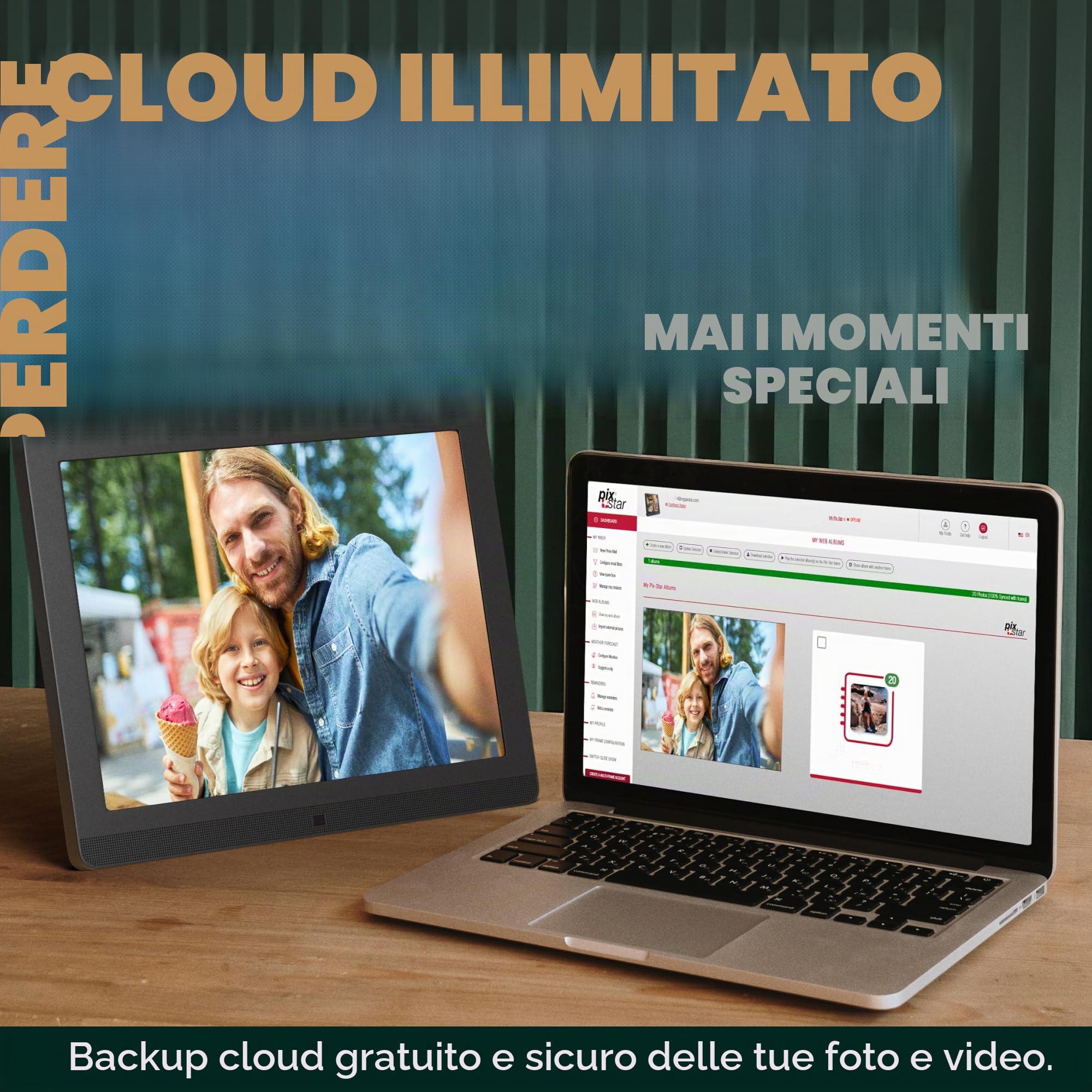 Cornice digitale WiFi da 15 pollici Pix-Star con indirizzo e-mail e archiviazione cloud gratuita | Regalabilissima per i nonni | display IPS | Sensore di movimento | Semplice installazione