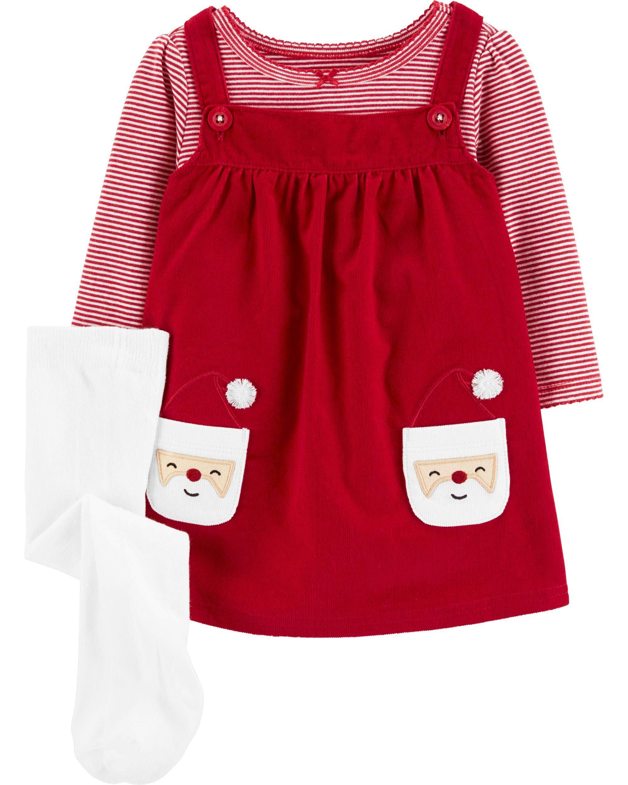 Carter's3-Piece Holiday Red Striped Bodysuit & Santa Jumper Set with Tights (Red/White