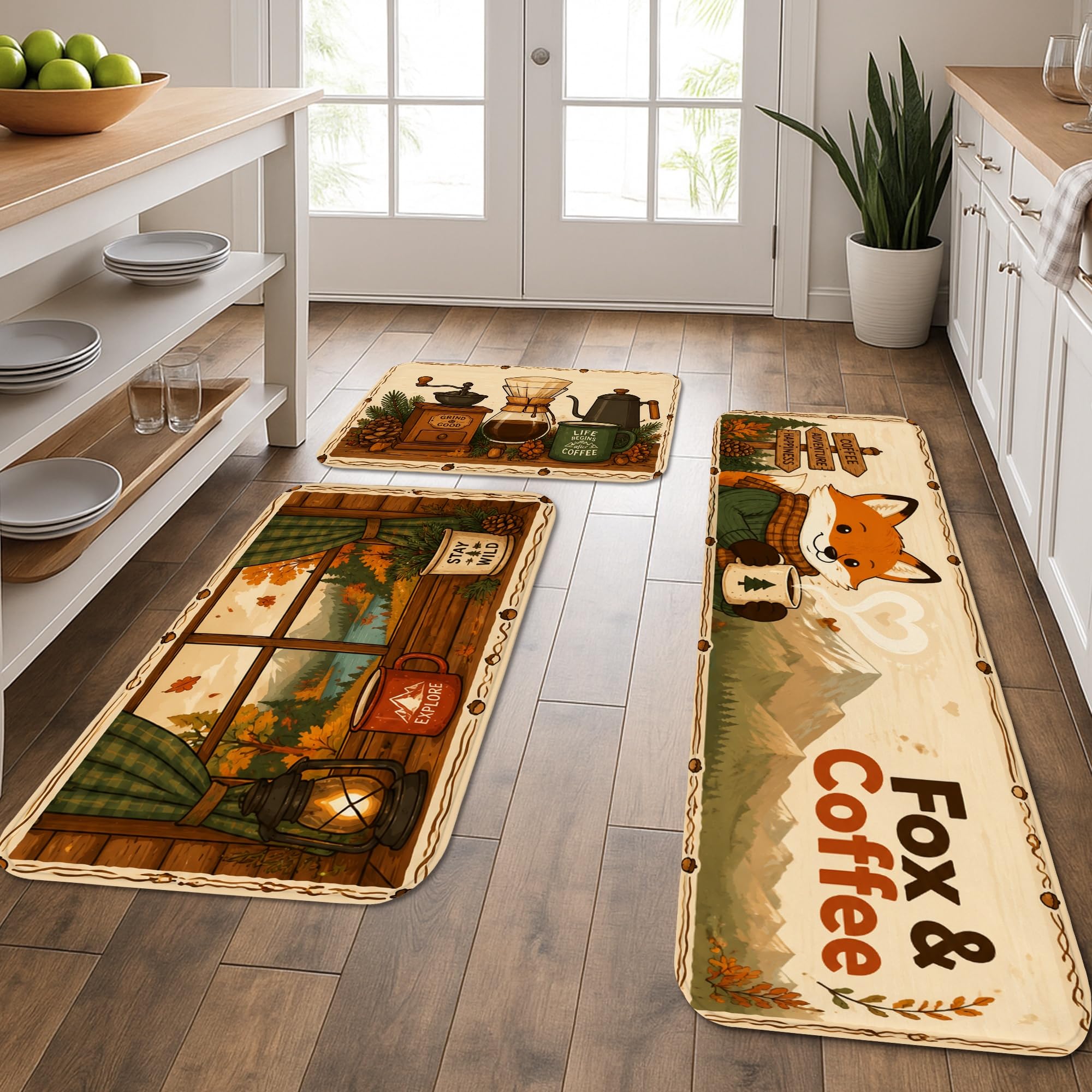Tapis de cuisine renards d'automne lot de 3 pour sol rustique et lavable