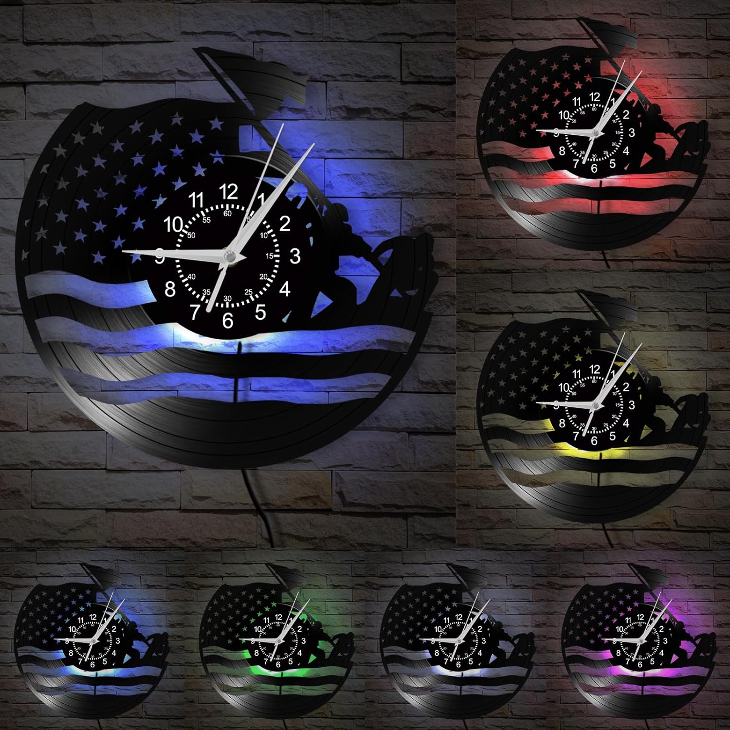 USA Flag Wall Clock, 12 Inch 7 Colors Luminous Marine Corps War Memorial Wall Clock, Silent Non Ticking Modern Decorative Vinyl Record Night Light Wall Lamp Clock for Veteran Soldier Gift