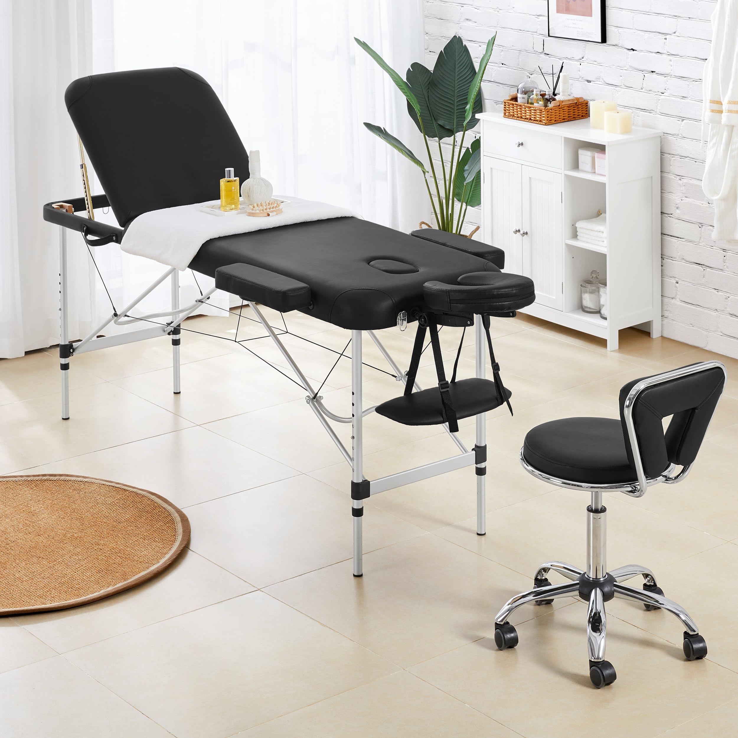 Yaheetech Sgabello Estetista con Schienale con Ruote Altezza Regolabile Girevole per Estetista Parrucchiere Ergonomico Ufficio Studio Scrivania Salone Nero
