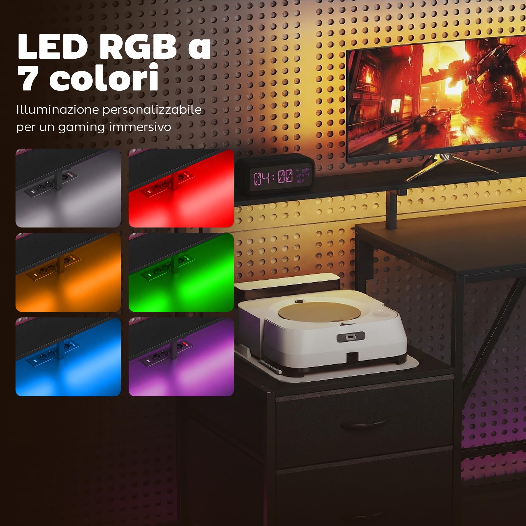 HOMCOM Scrivania Gaming Reversibile ad L con LED, 192.5cm Scrivania Angolare con Prese Elettriche, Supporto Monitor e CPU, 2 Cassetti in Tessuto per Documenti A4/Legale, per Casa Ufficio Studio, Nero