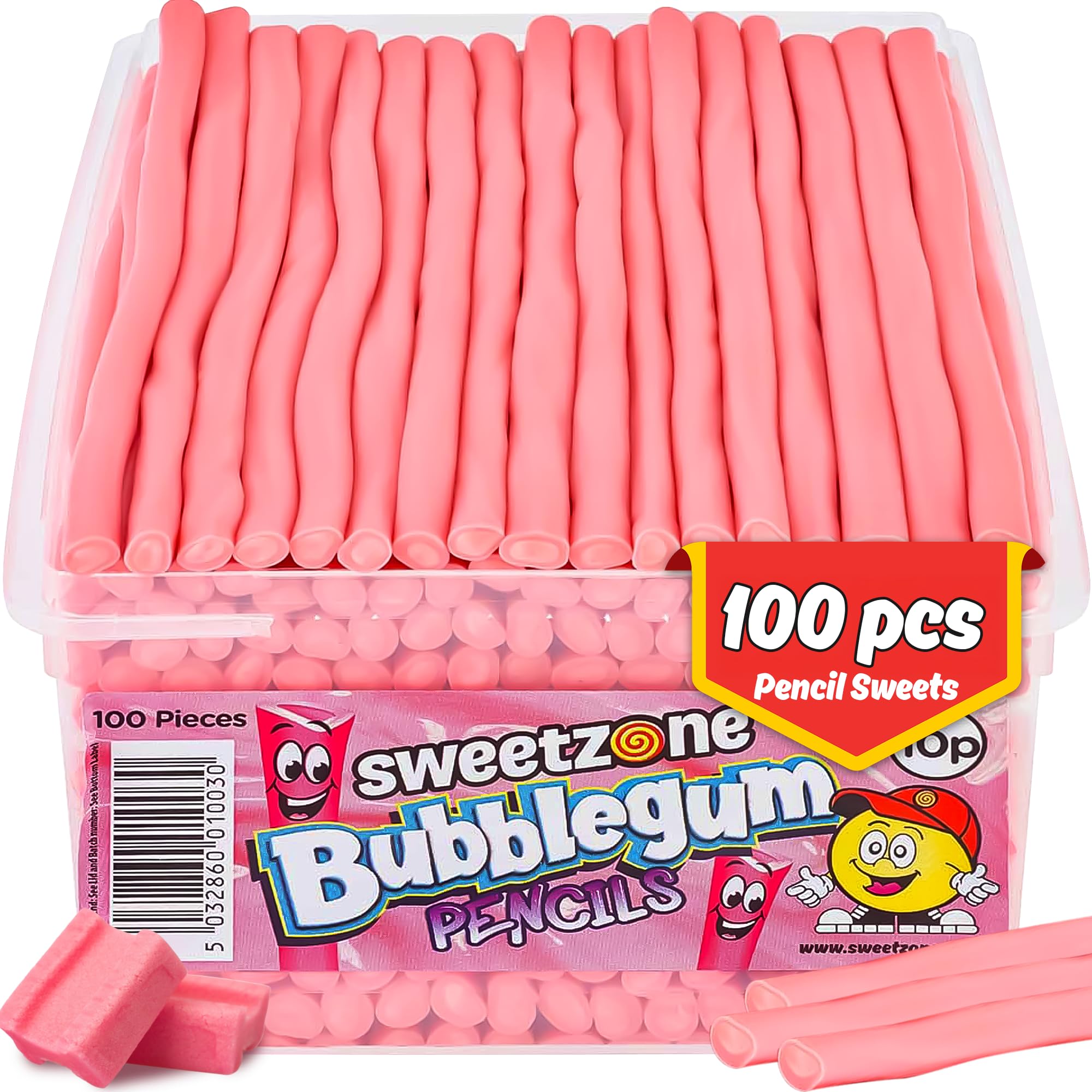Sweetzone Bubblegum Pencils Tub, Pencil Sweets, 100 pc, Halal Sweet, Wine gums, American Gum, British Sweets, Sweet Pie, Licorice Liquorice Allsorts, Irresistible for Candy Lovers