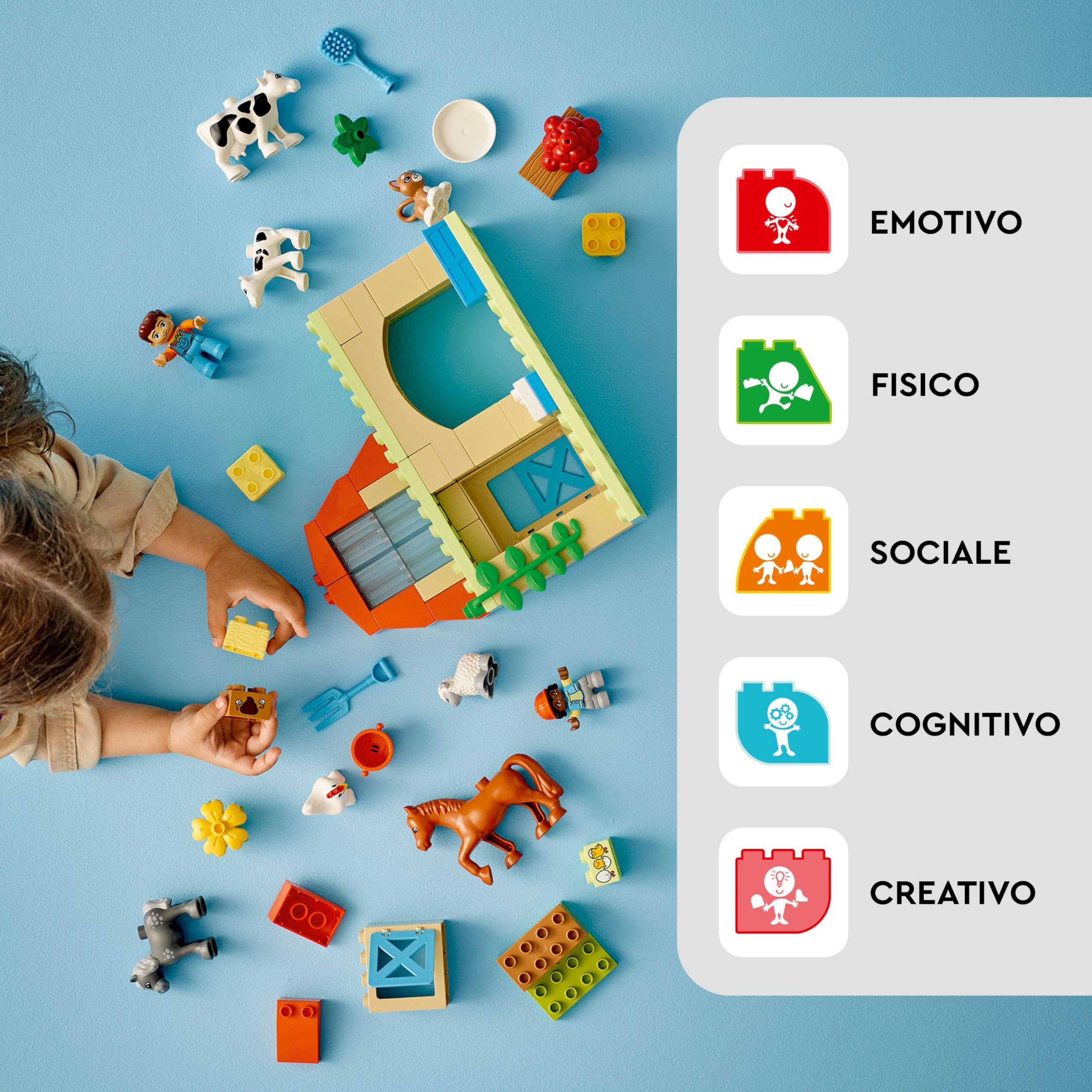 LEGO DUPLO Cura degli Animali di Fattoria Giocattolo, Gioco di Ruolo Educativo per Bambini e Bambine da 2 Anni in su con Figure di Cavalli, Mucche e Galline, Set Prescolastico per Apprendimento 10416