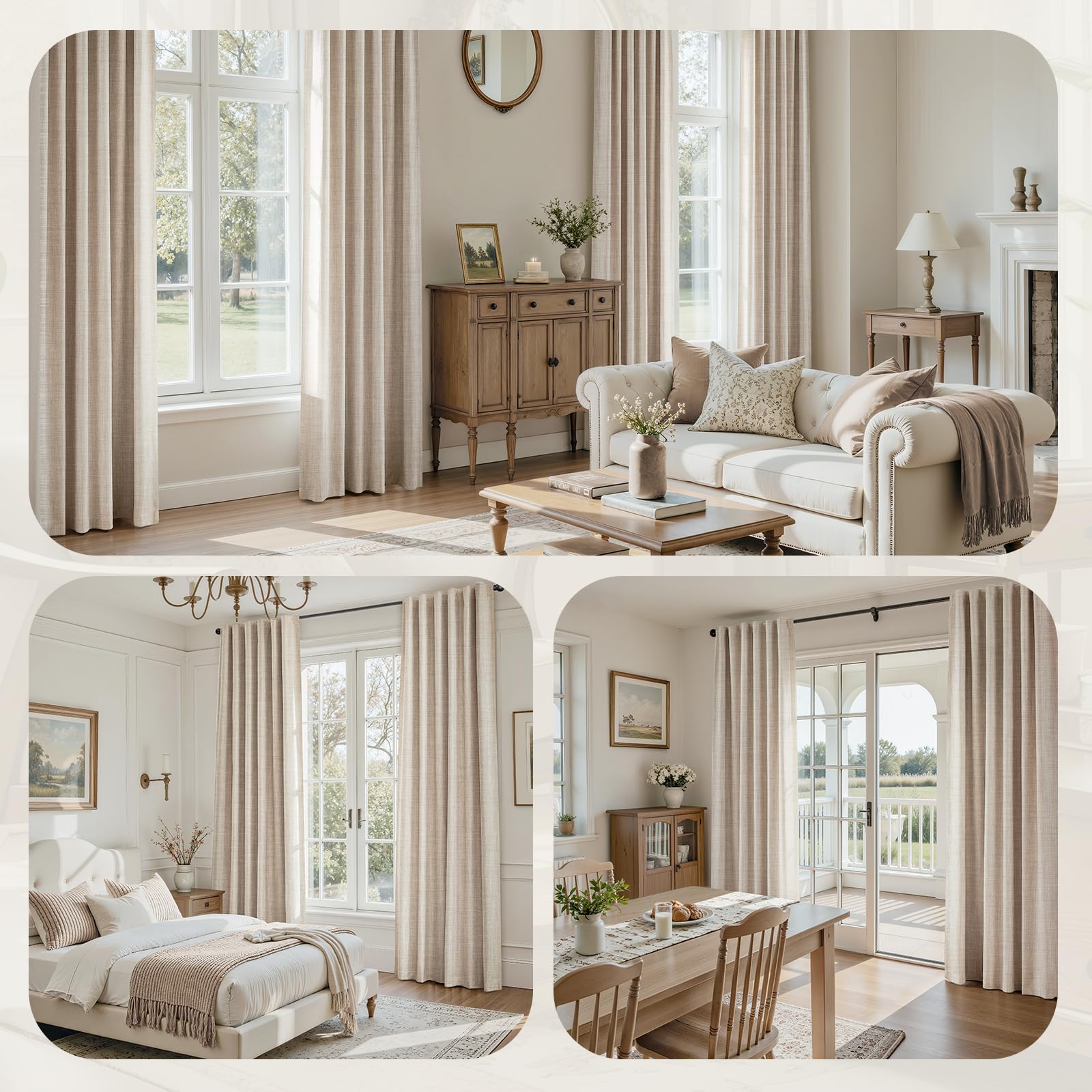 Condition photo showing New/Like New for homeideas 100% blackout beige faux linen curtains 84''l 2 panels | modern farmhouse winter boho curtains, rod pocket & back tab, for vintage living room, bedroom decor