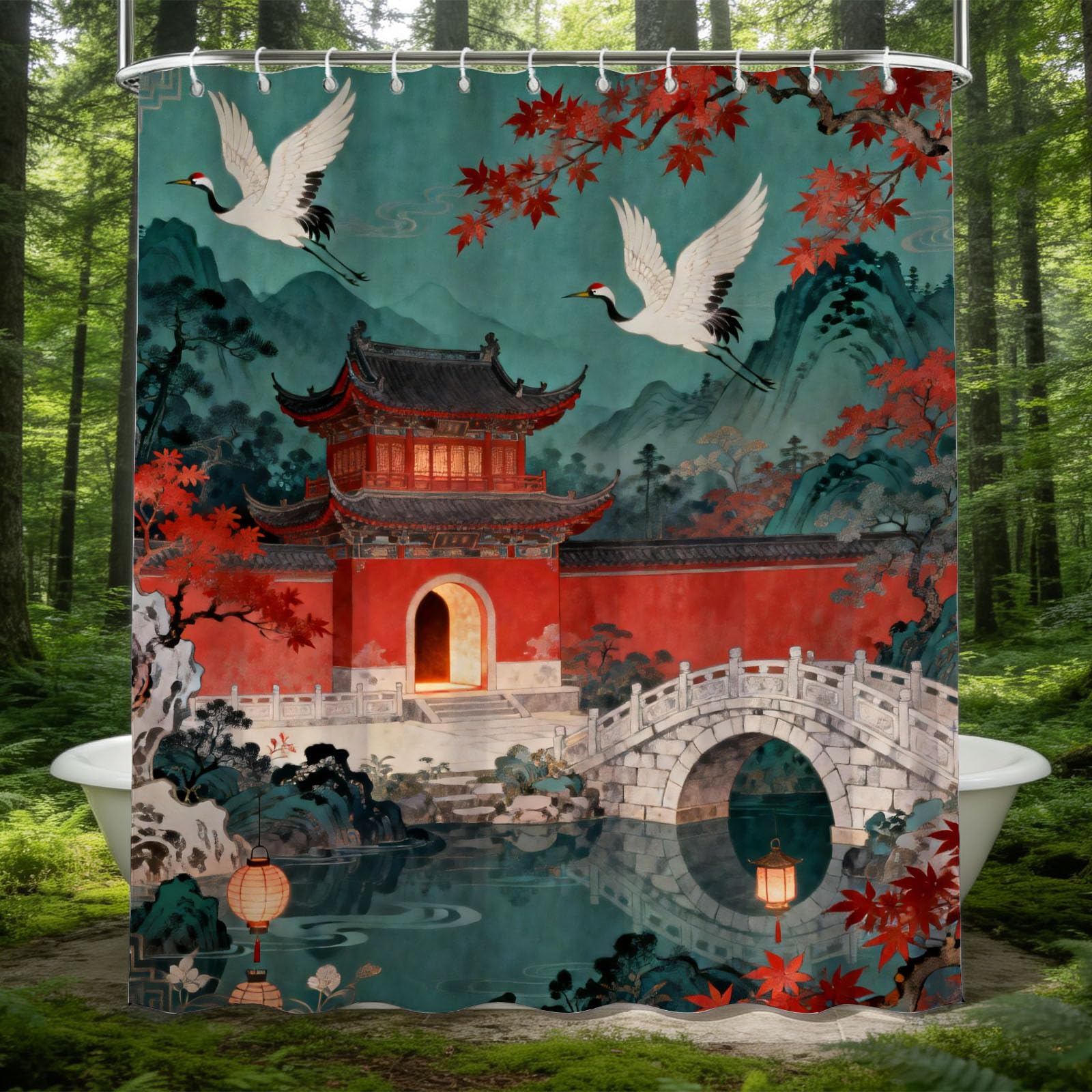 Hongduo 3D Chinese Architecture Shower Curtain for Stalls Bathtubs Unique Exotic Bathroom Decor Shower Curtain Set Polyester Fabric Waterproof 180x200cm/71X79 Inch with Hooks