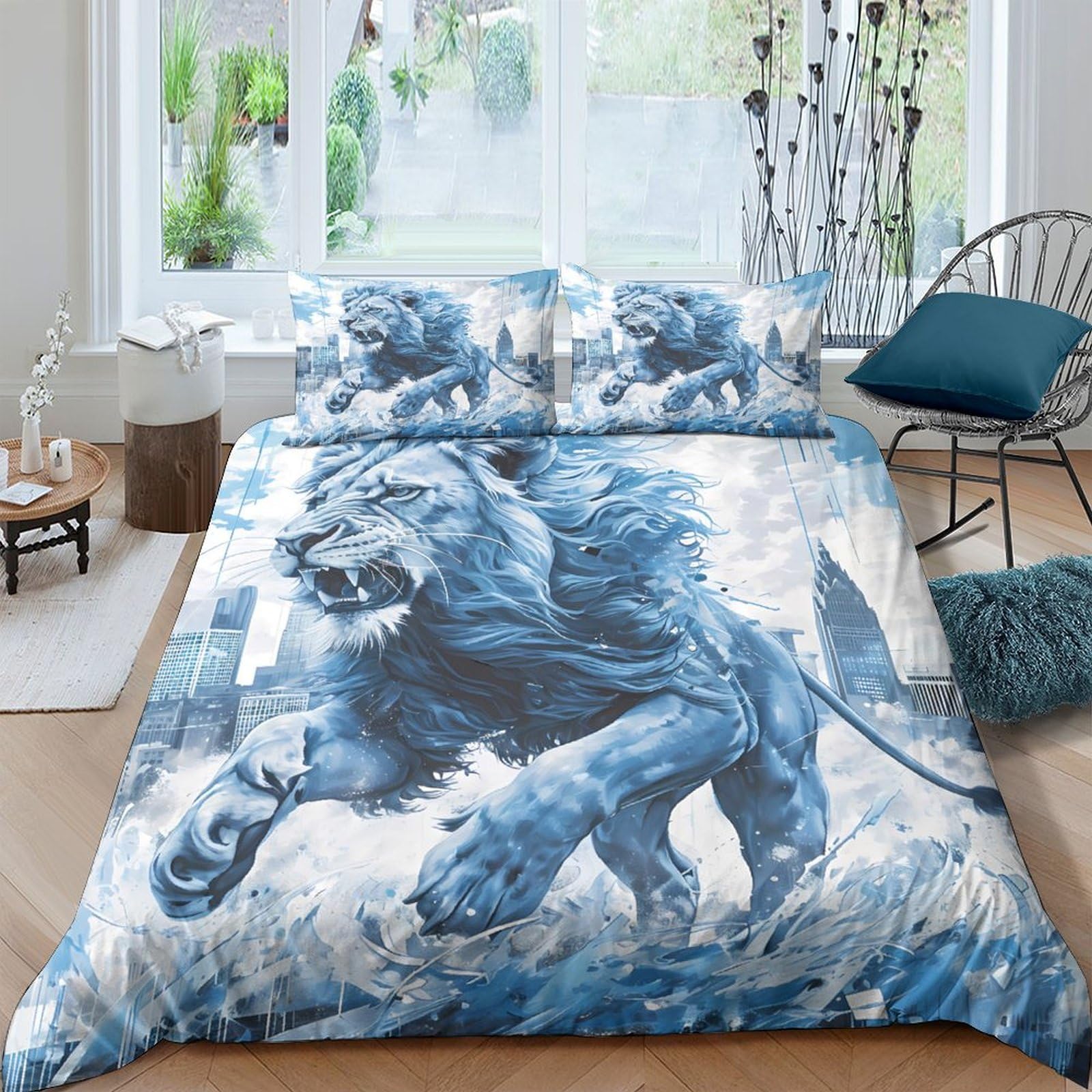 Ctjqhvkz Style-4 3D Printed Blue Lion Fitted Sheet Microfiber Soft Wild Animal Bed Cover For Bedroom Dorm Mattress Decor Single（135X200cm）