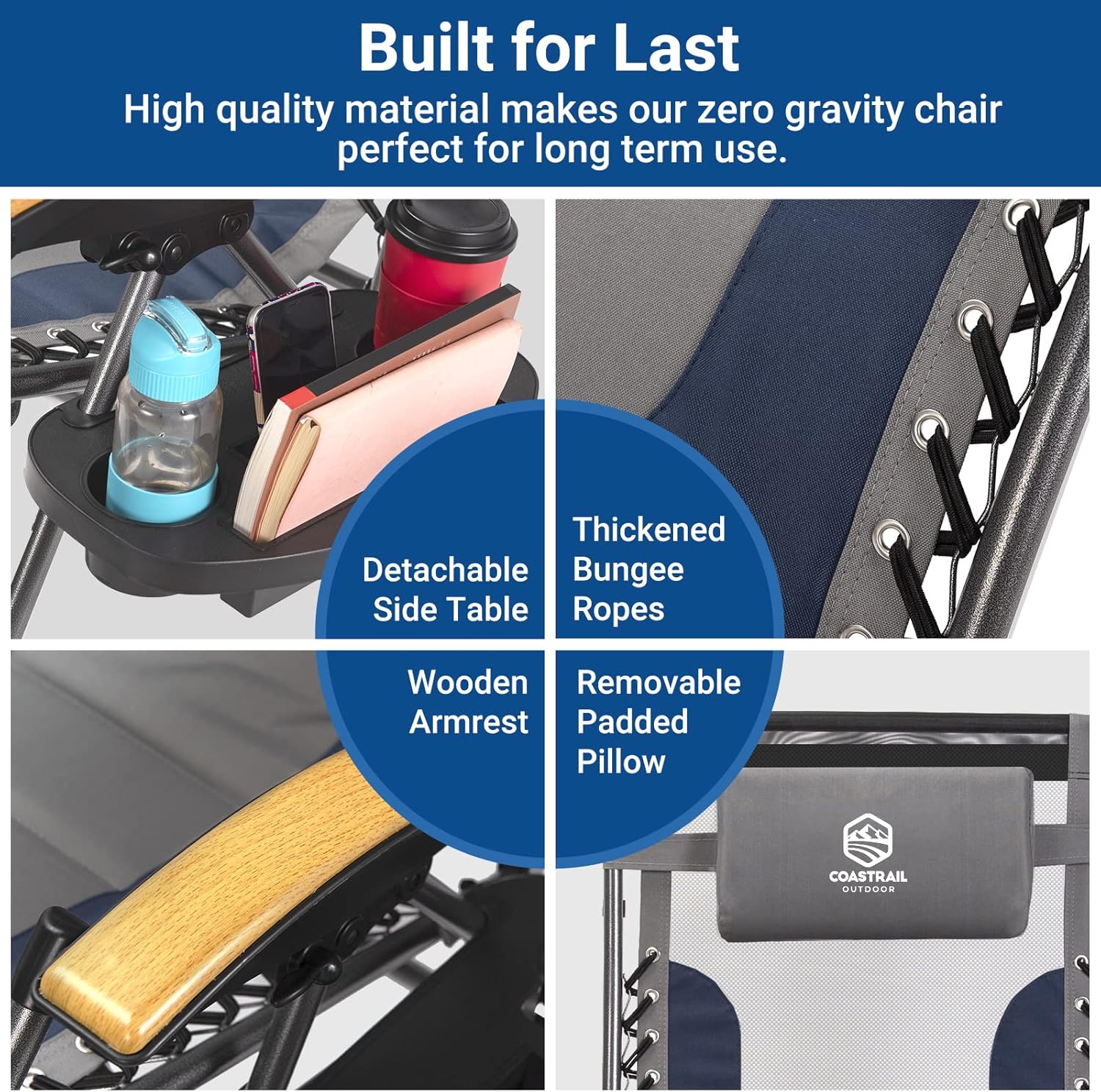 Coastrail Outdoor Premium Zero Gravity Reclining Lounge Chair with Sun Shade, Padded Seat, Cool Mesh Back, Pillow, Cup Holder & Side Table for Sports Yard Patio Lawn Camping, Support 400lbs Navy&Grey : Patio, Lawn & Garden