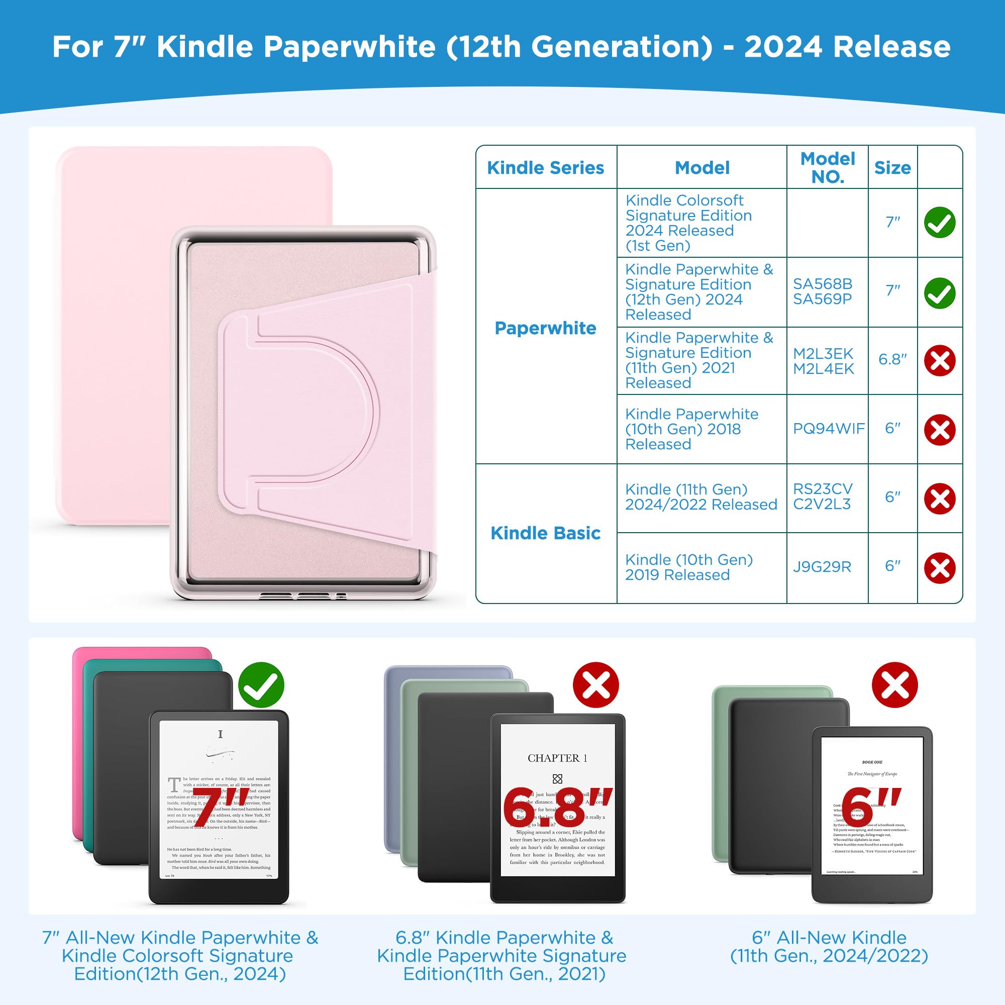 Custodia magnetica staccabile 2 in 1 per Kindle Paperwhite 12a generazione 2024 e Kindle Colorsoft Signature Edition, custodia sottile in PU con accensione e spegnimento automatico, rosa