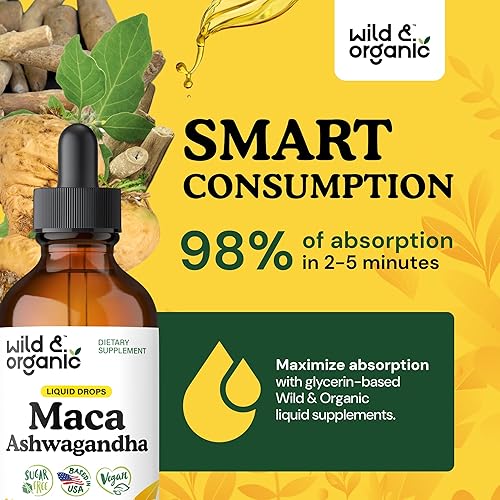 Miniatura 4 de Wild & Organic Gotas de maca Ashwagandha para hombres y mujeres, raíz de maca peruana y tintura de ashwagandha para apoyo general, suplemento de
