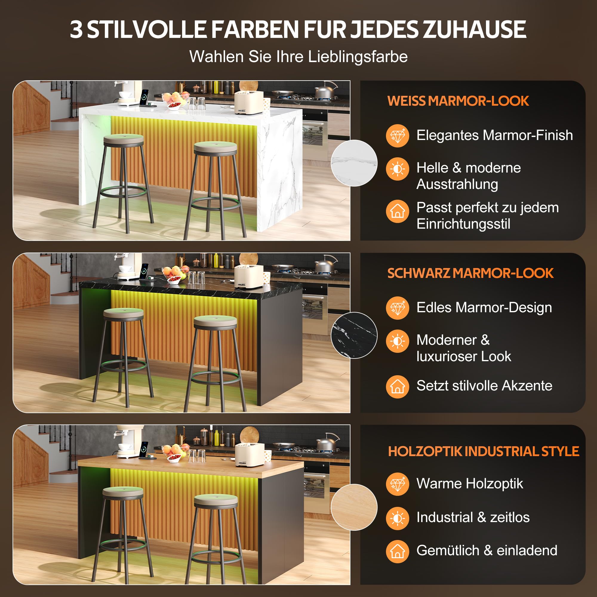 Merax Isola da cucina autoportante con piano di lavoro frontale in marmo da 40 mm, isola da cucina con LED, presa 2 prese, 2 USB, moderno tavolo da bar per cucina, sala da pranzo, 155 x 80 x 90 cm