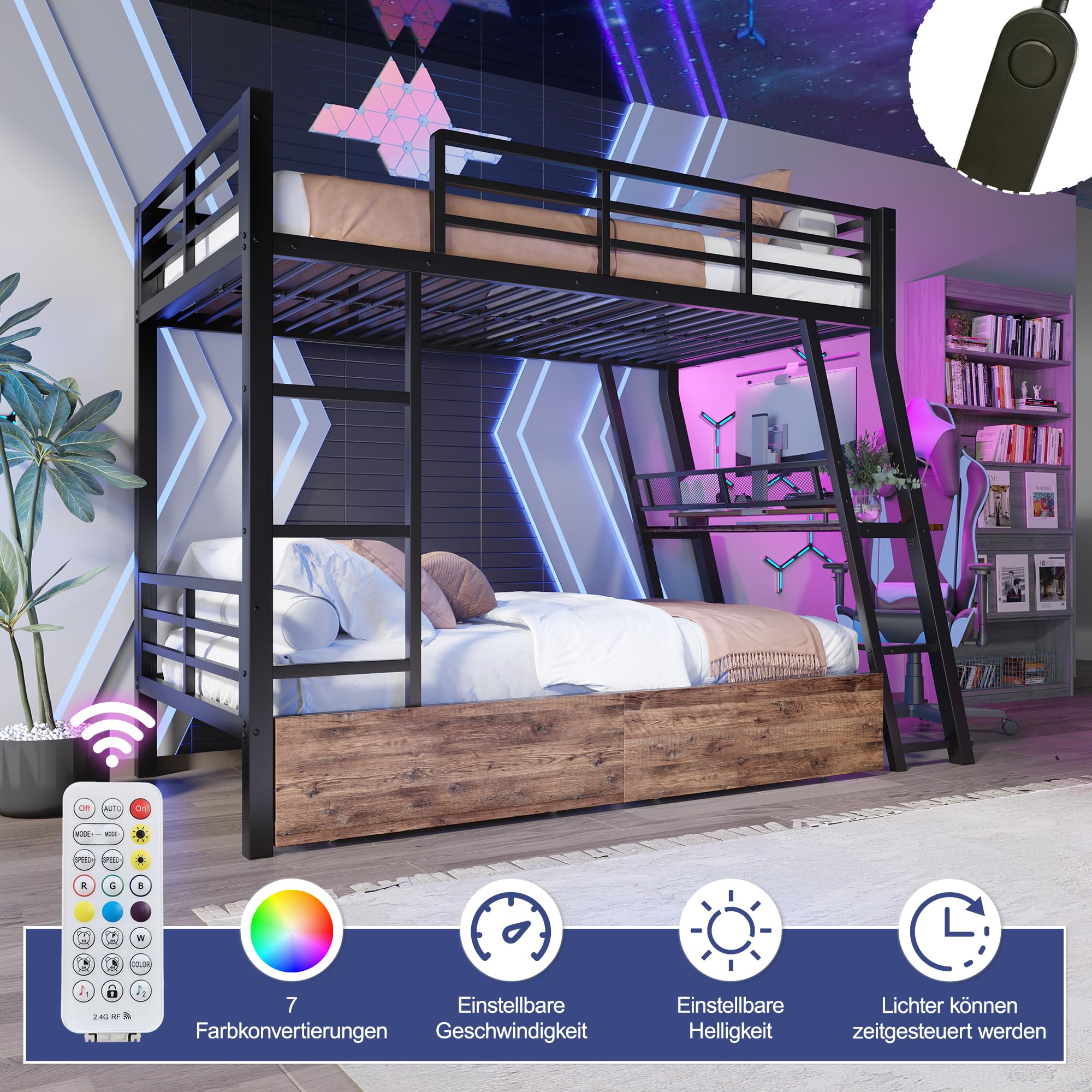 Hochbett Jugendbett 90x200 für 2 Kinder, Kinderbett Etagenbett mit LED-Licht&Schreibtisch&Schubladen&Leiter, Metallbett Stockbett Bettgestell mit Rausfallschutz und Lattenrost, Ohne Matratze, Schwarz
