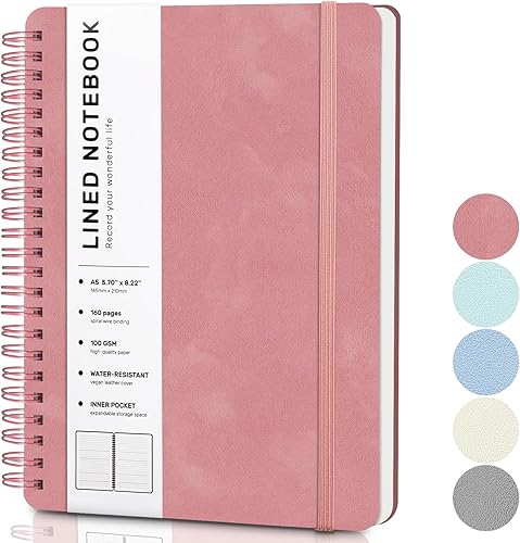 Cuaderno de diario forrado en espiral, cuaderno A5 de cuero de tapa dura para el trabajo, 5.7 x 8.2 pulgadas, cuaderno de papel grueso de 100 GSM