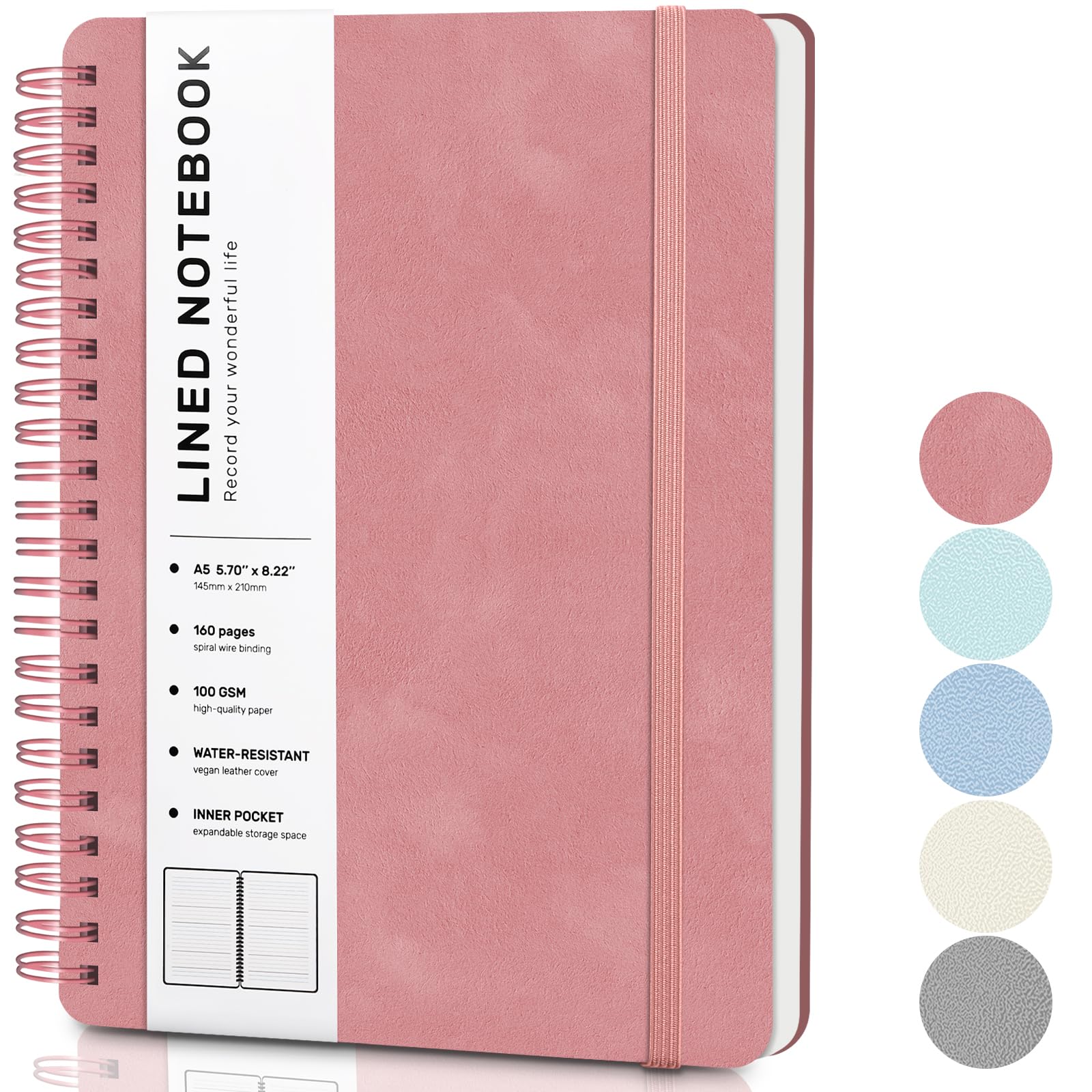Light Red Lined Spiral Journal Notebook with 160 Pages, 8×5.7in, A5 Spiral Notebook, Journaling Notebooks for Work, School, Women, Men, College Ruled Spiral Notebook, Hardcover Leather Journals