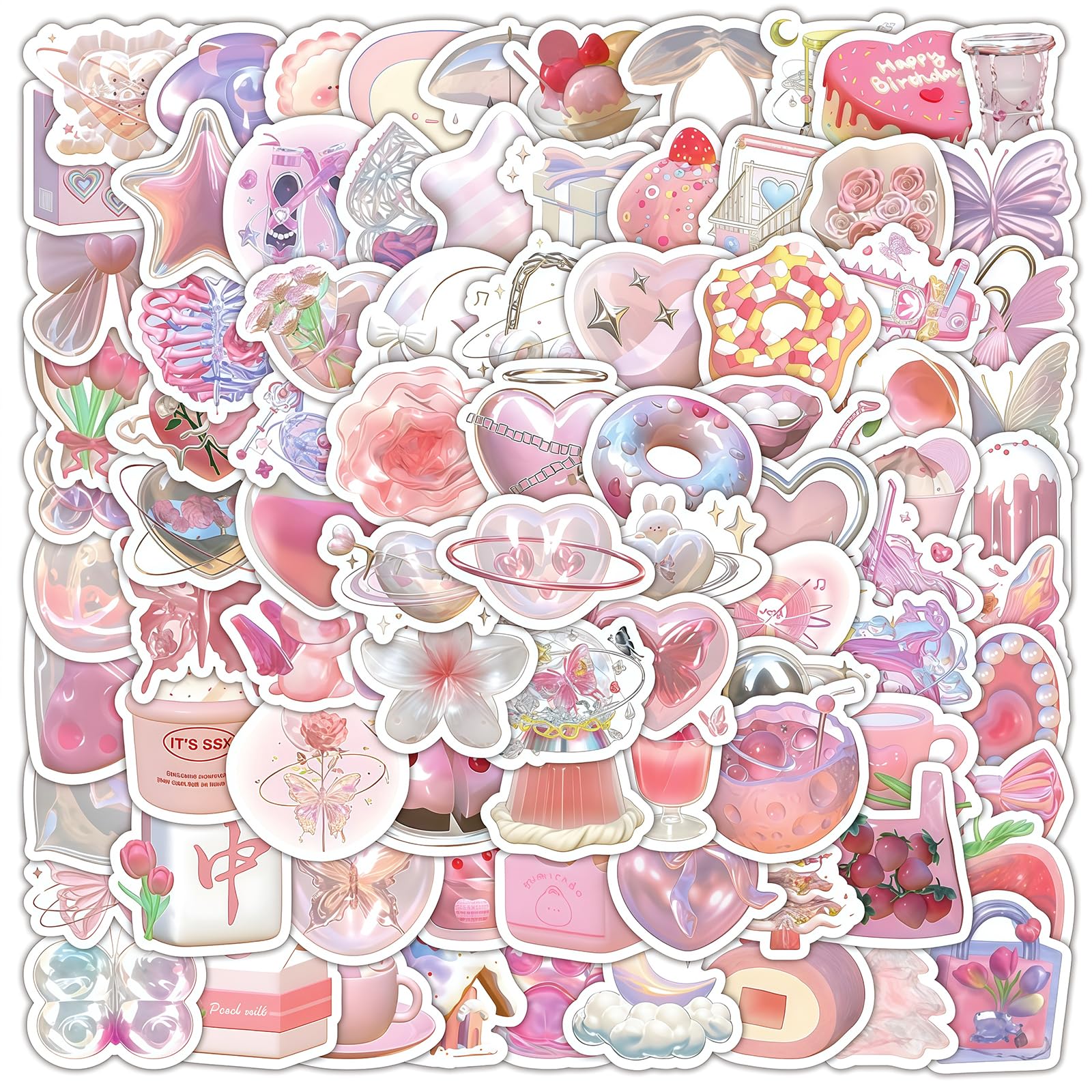 Tivleed Girls Multicoloured 3D Stickers, Aesthetic Stickers, Scrapbook Stickers - 103 Pcs Waterproof Pink Vinyl Pvc Stickers For Cute Decals For Laptop, Water Bottle, Phone, Journal, Diy Crafts