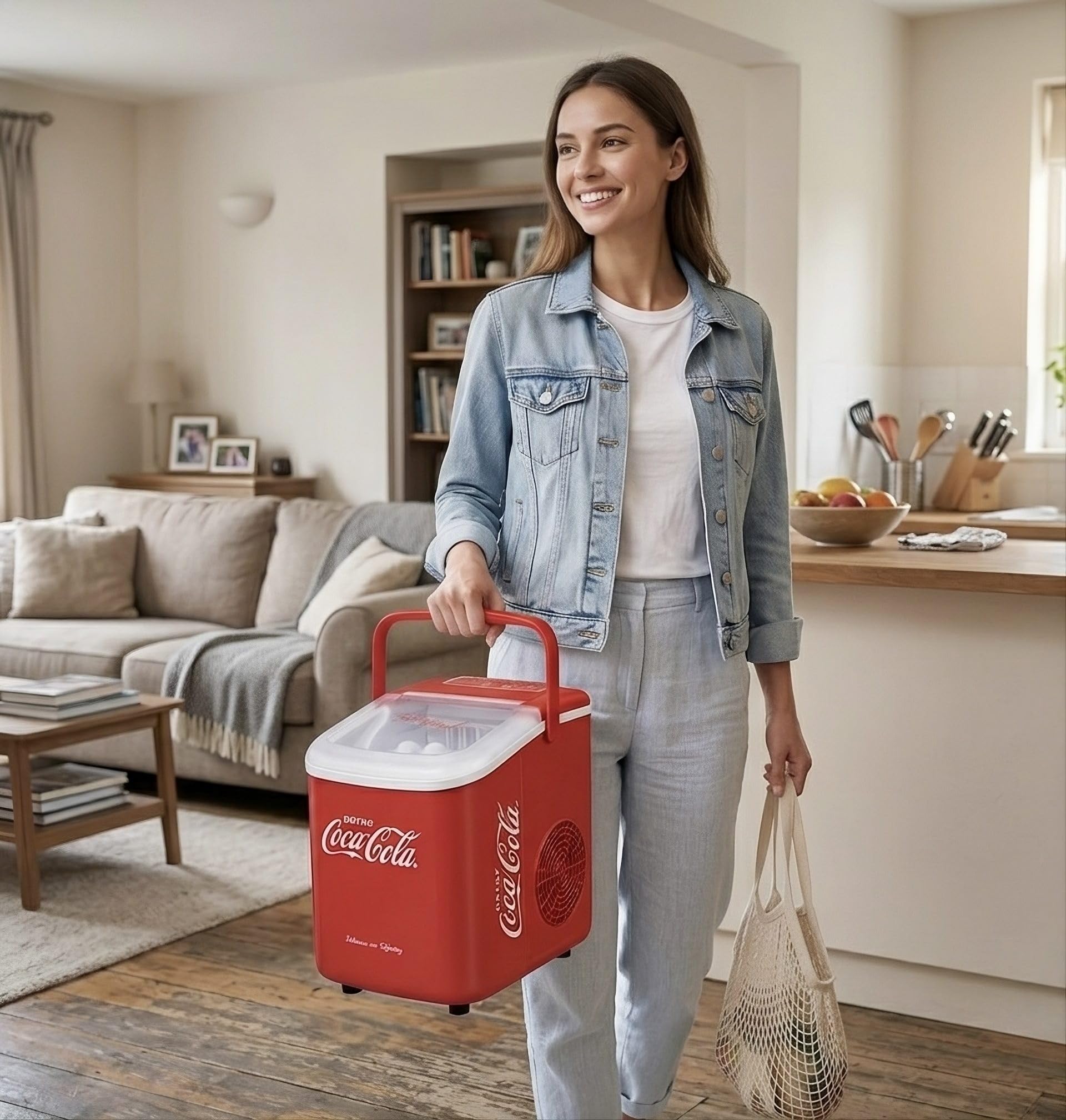 Salco Coca-Cola Retro Eiswürfelmaschine – Schneller Eiswürfelbereiter für Party, Camping & Home, 9 Würfel in 7-11 Min, Mobiler Eismacher mit Tragebügel, 12kg/24h, Inkl. Schaufel & Korb, Rot