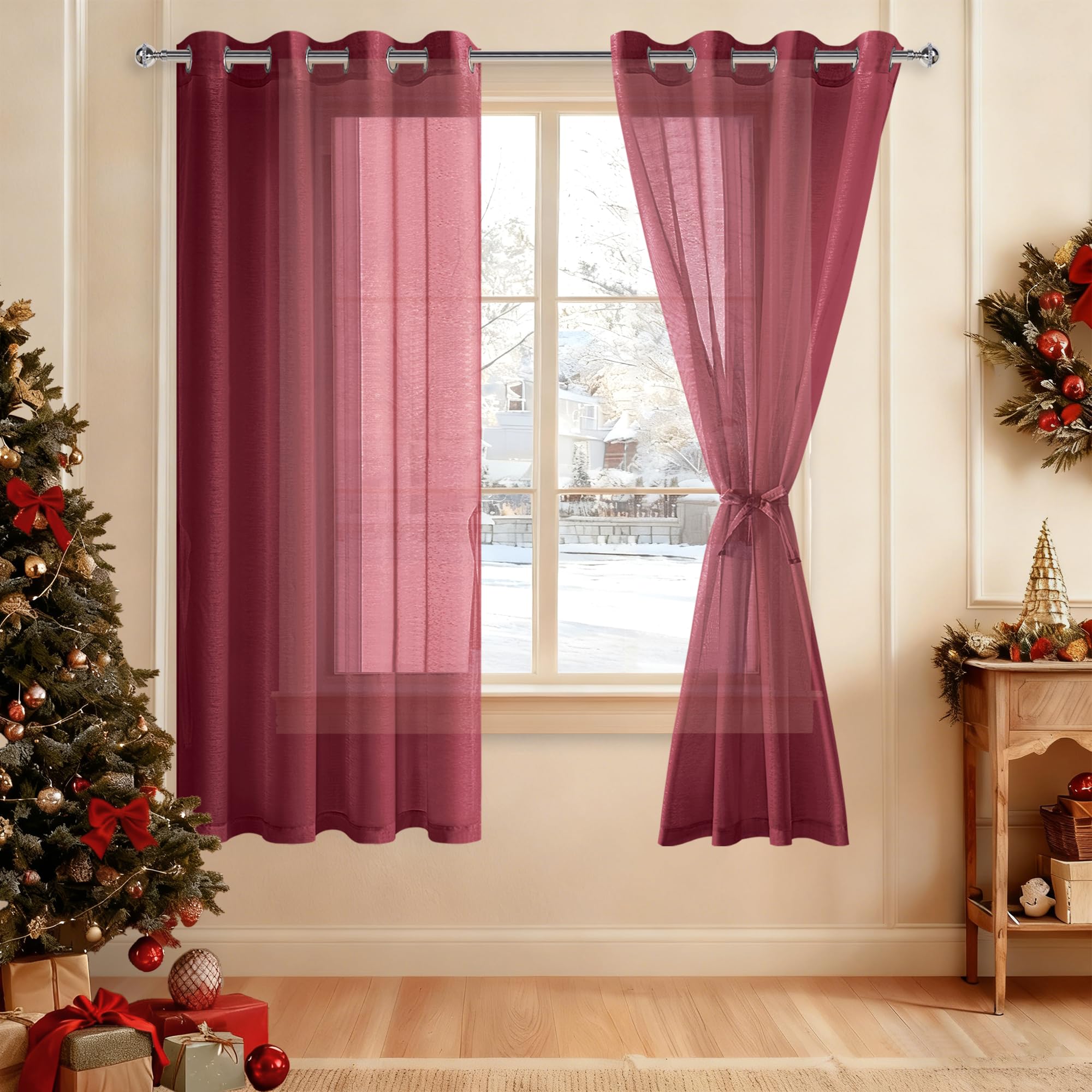 VHC Brands Connell Prairie Tende Rustiche 2 Pannelli, 160x91 Cm, Cotone, Colore Bordeaux E Naturale, Con Fascette
