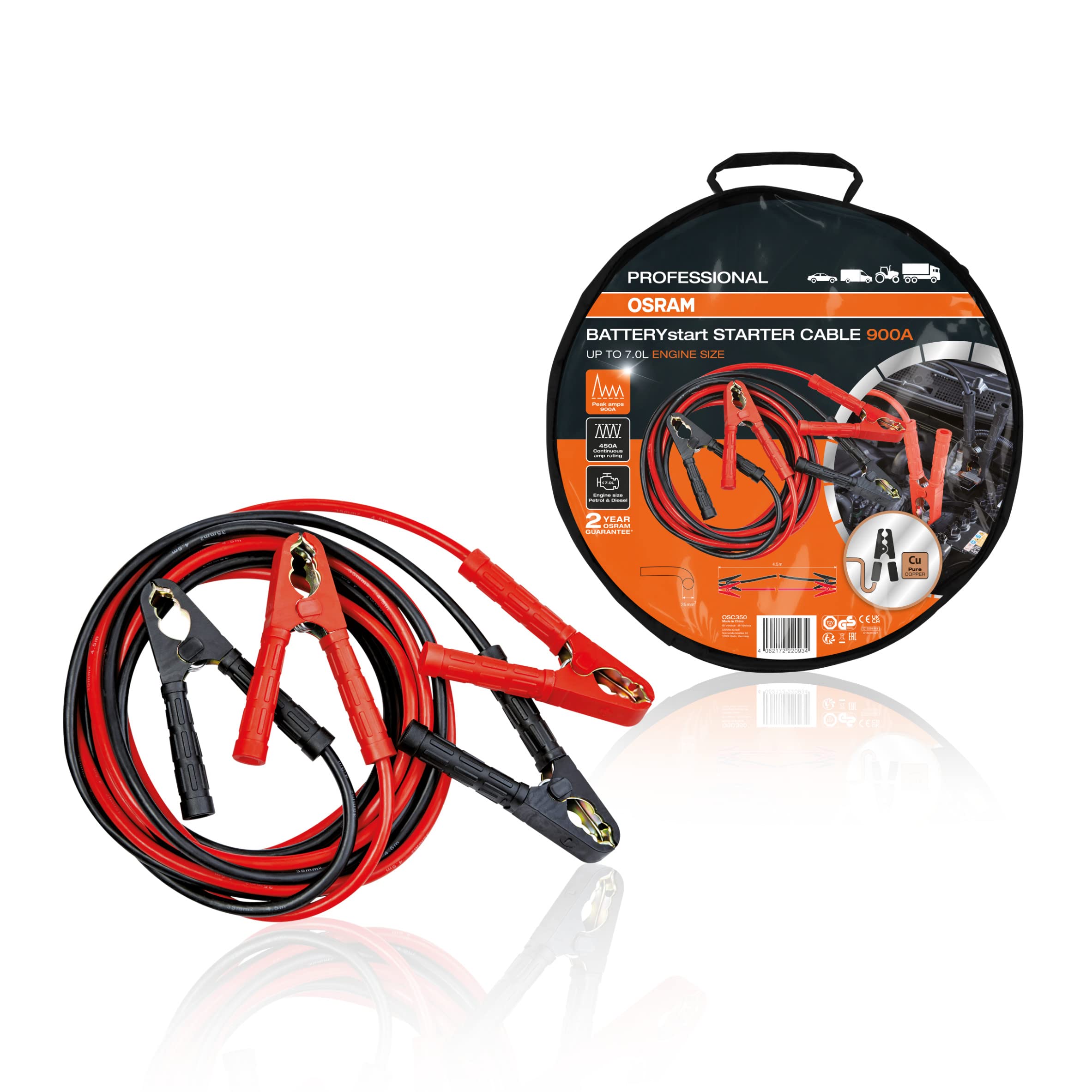 OSRAM Professional Starter Cable 900A, Cavi di avviamento per Motori a Benzina e Diesel, 12/24V, OSC350, Cavo di Collegamento per Motori ≤7,0L, Cavo di Rame Puro, 4,5m