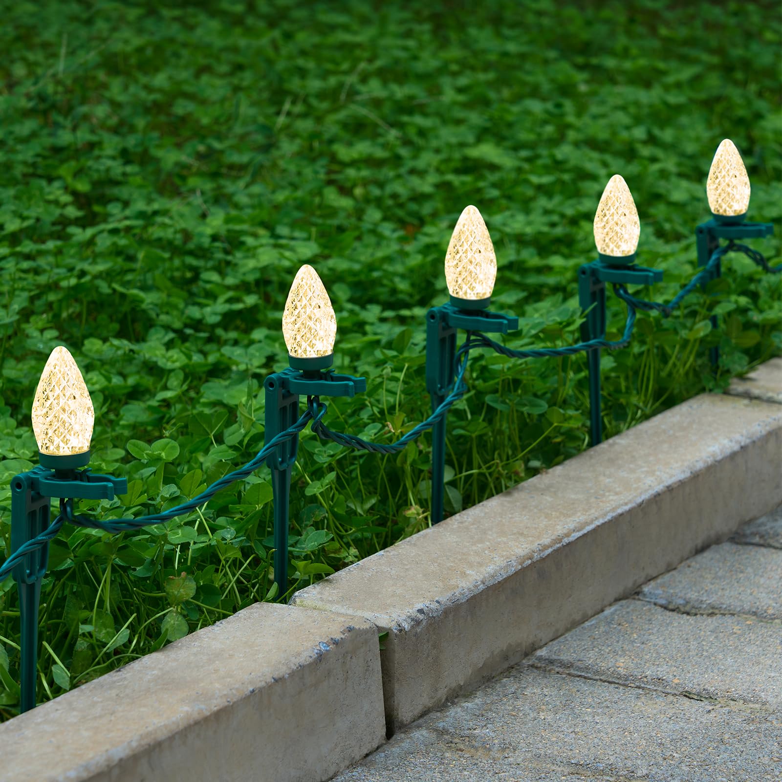 suraielec c9 christmas pathway lights, 25ft walkway christmas lights with 25 stakes, 25 warm white led bulbs, holiday decoration for yard, sidewalk, driveway, connectable, waterproof, ul listed