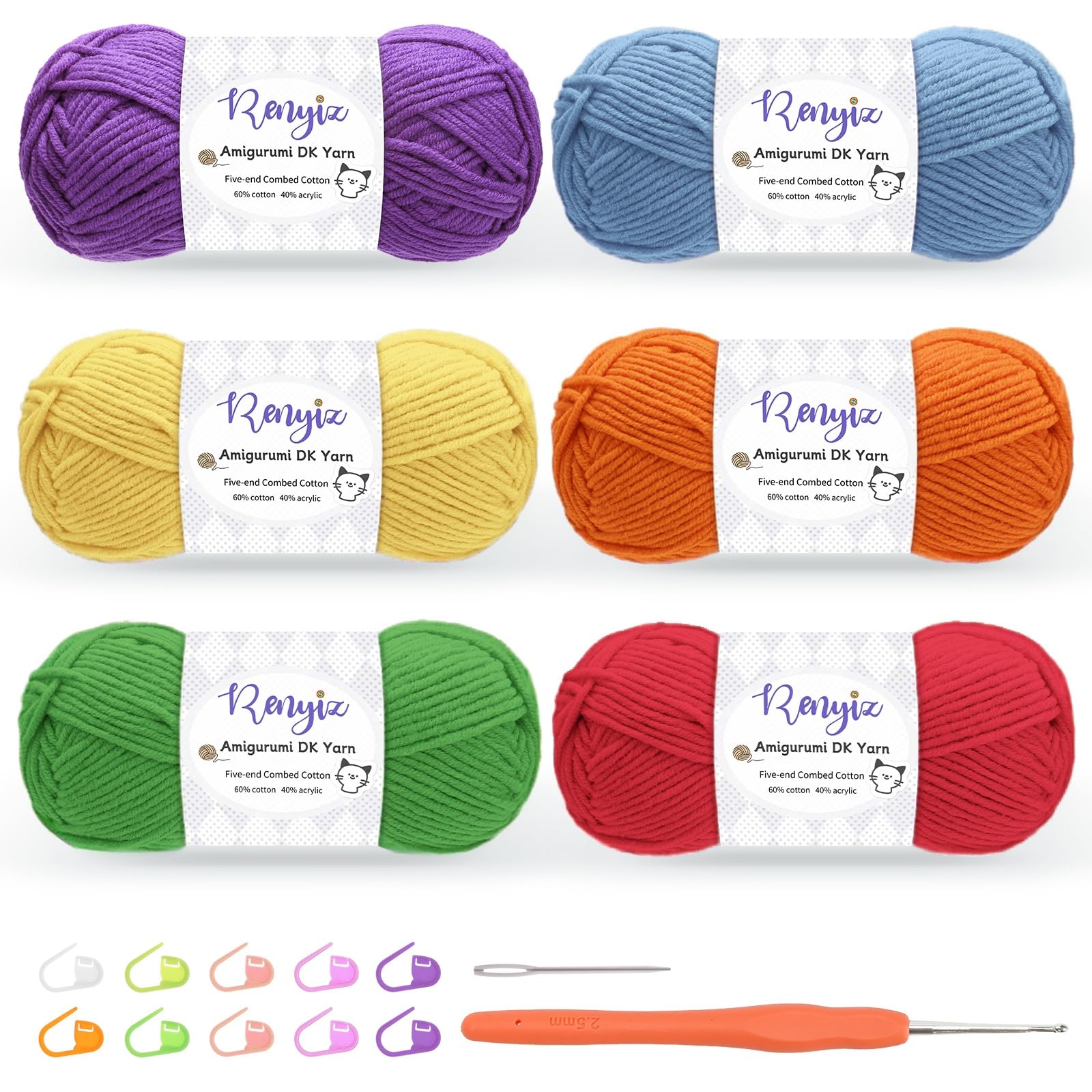 Renyiz Crochet Yarn, 6 x 50g Cotton Yarn (60% Cotton & 40% Acrylic) DK Wool for Crochet with 2.5mm Hook & Accessories, Suitable for Baby Wool Crafts & Knitting Rainbow โ image 1