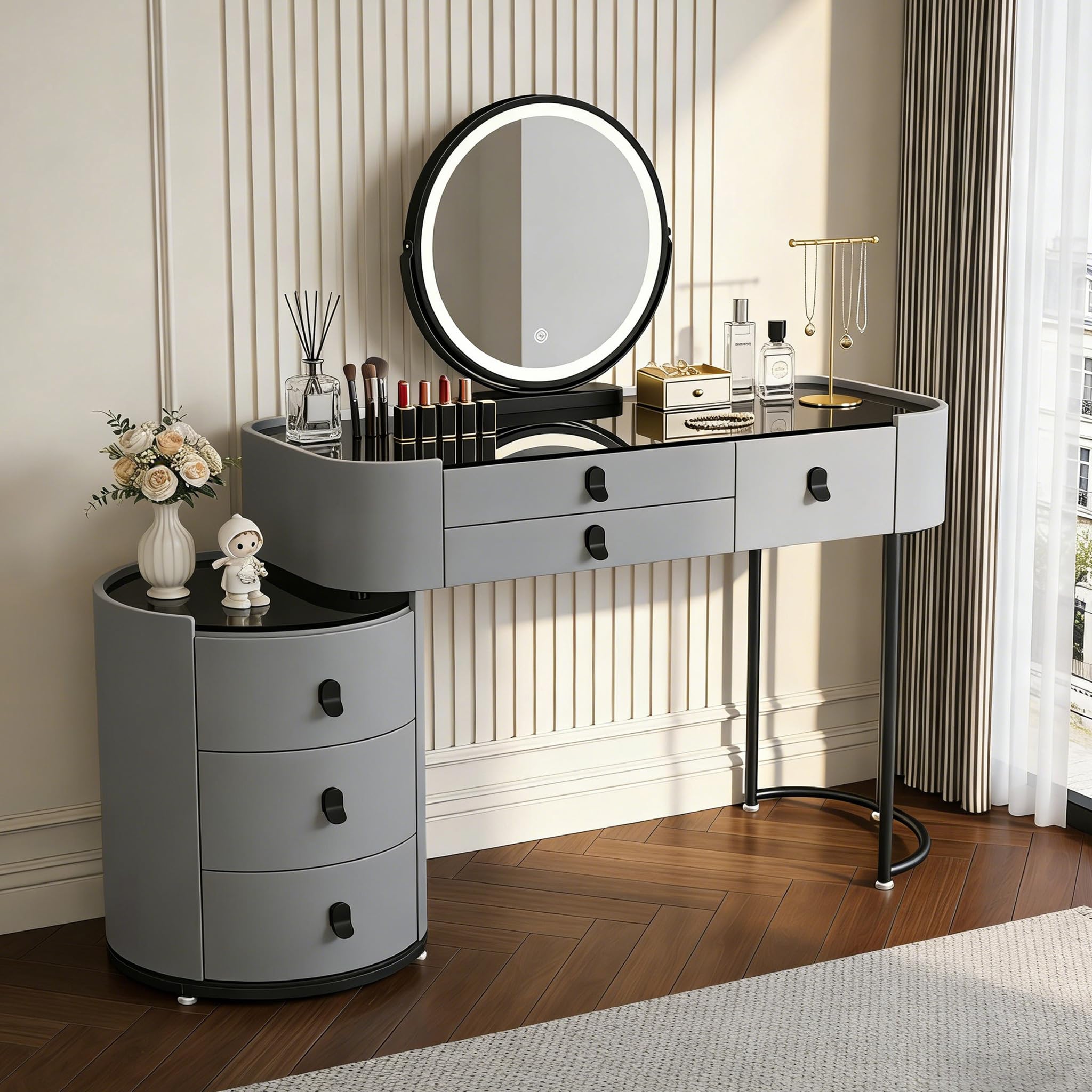 Luxury Dressing Table with LED Mirror, PU Leather Vanity Table with Tempered Glass Top Bedroom Makeup Desk with 5 Drawers, Anti-drop Edge, 100cm,grey + black
