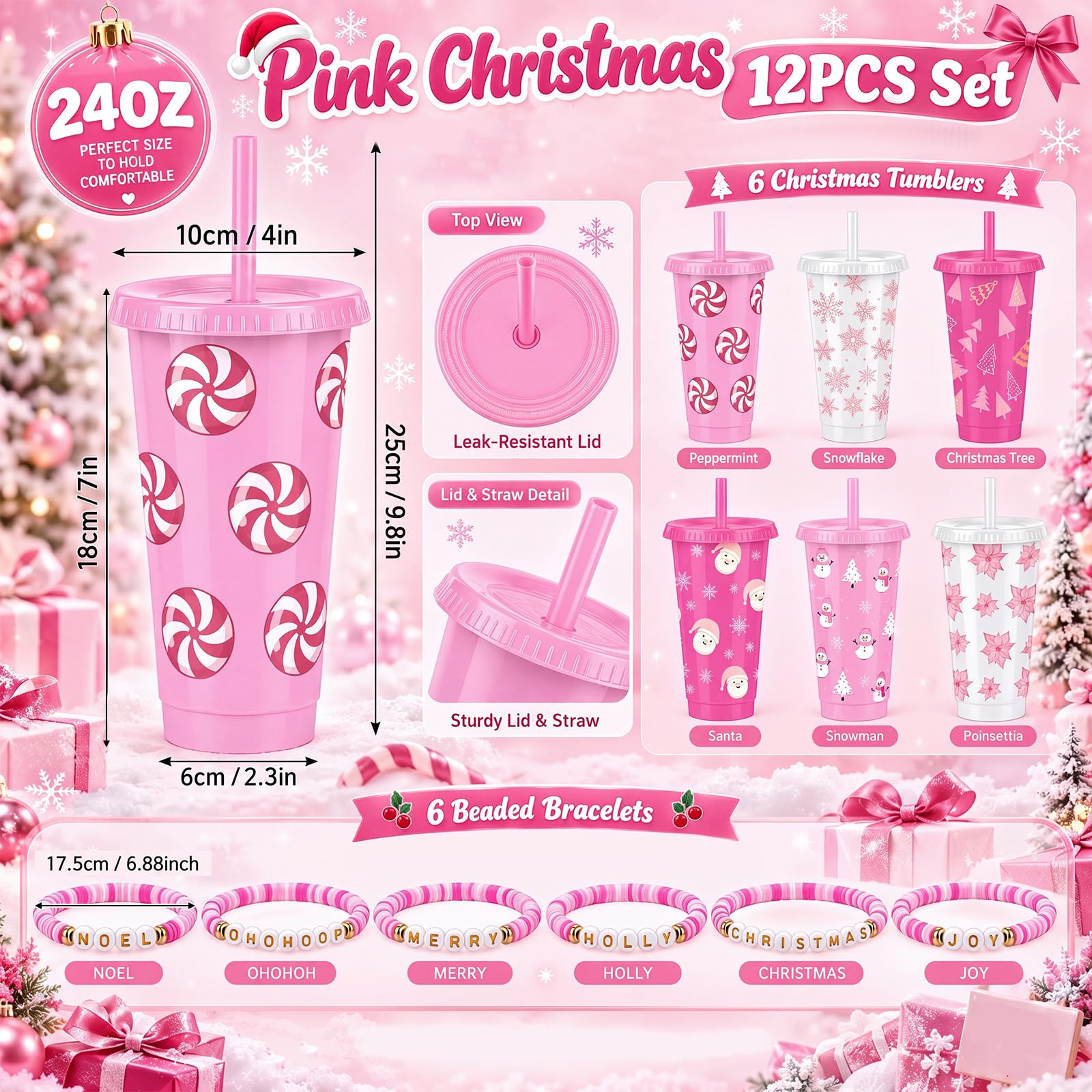 FillTouch Regalos de Navidad rosa a granel, vasos de Navidad con tapas