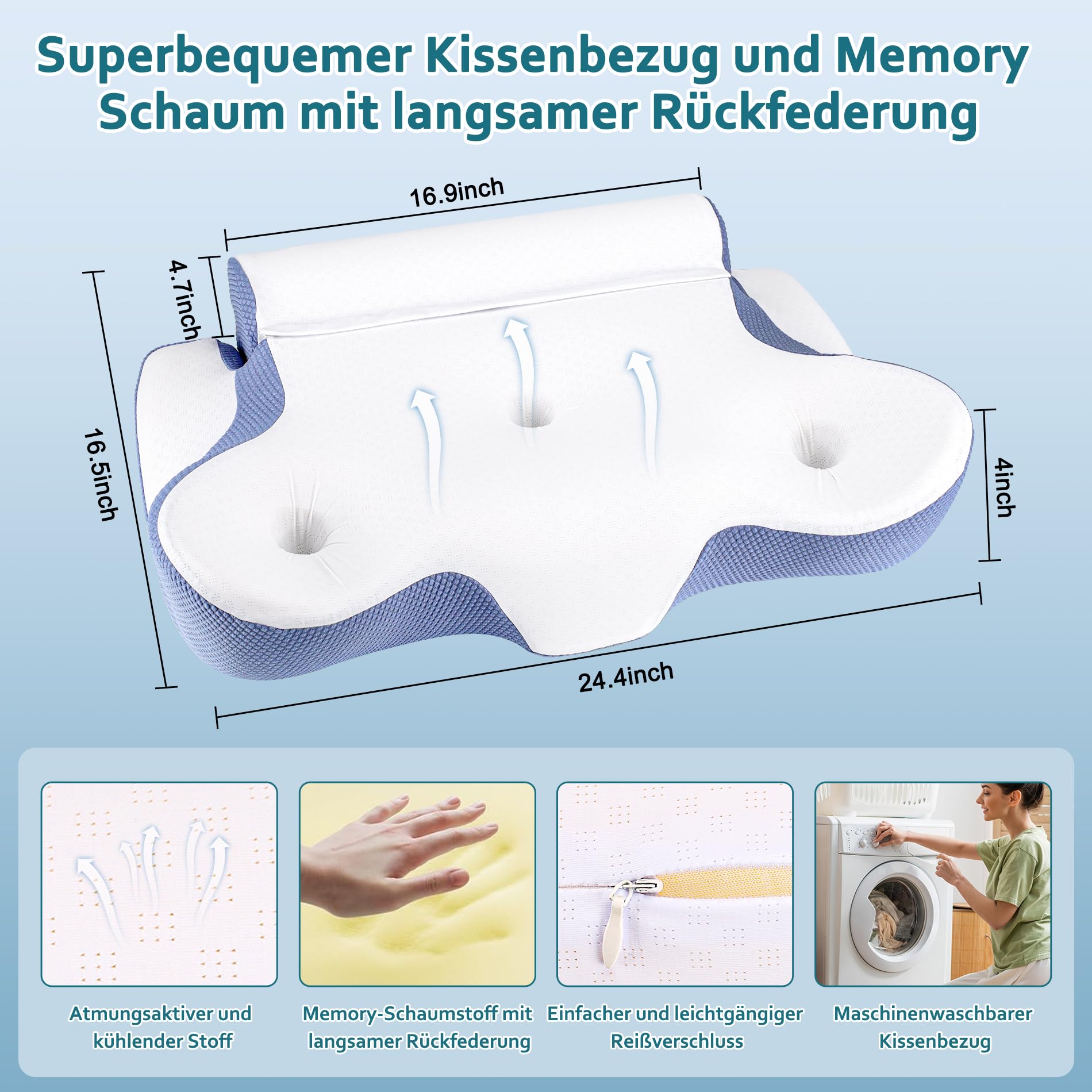 TopEsct Cuscino Cervicale per Dormire, 2 in 1 Cuscino Ergonomico Memory Foam Cervicale, Cuscino Cervicale & Cuscino Cilindrico (Blu)