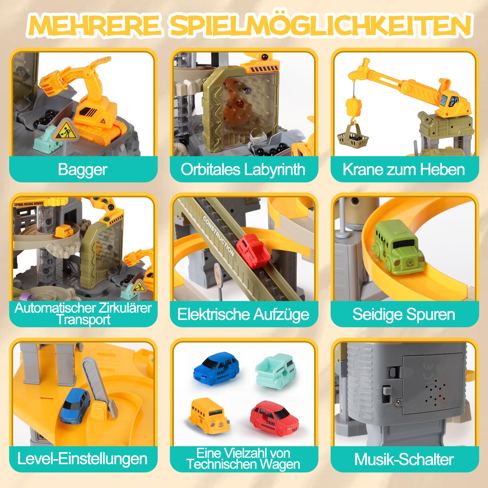 Charmofun Auto Rennbahn Kinder, Baustellenfahrzeuge Spielzeug mit 10 Autos Bagger Kran Transport LKW, Baustelle Spielzeug mit Autorennbahn, Auto Raceway Baufahrzeug Geschenk Set für Jungen