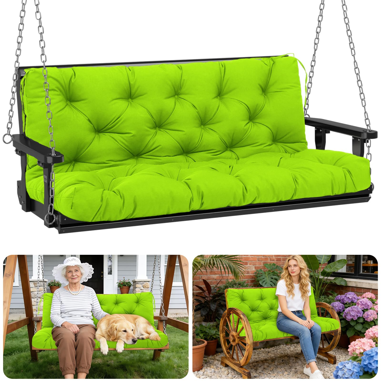 Porch Swing Cushions Outdoor 70 inch x 40 Waterproof Swing Cushions 3 Seater Replacement with Backrest &amp; 8 Ties 5" Thick Bench Swing Cushions for Outdoor Furniture Patio(Grass Green)