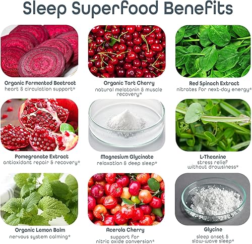 Miniatura 5 de SleepHabits Restore  Polvo de glicinato de magnesio ayuda natural para dormir para adultos con L-teanina, cereza ácida, raíz de remolacha