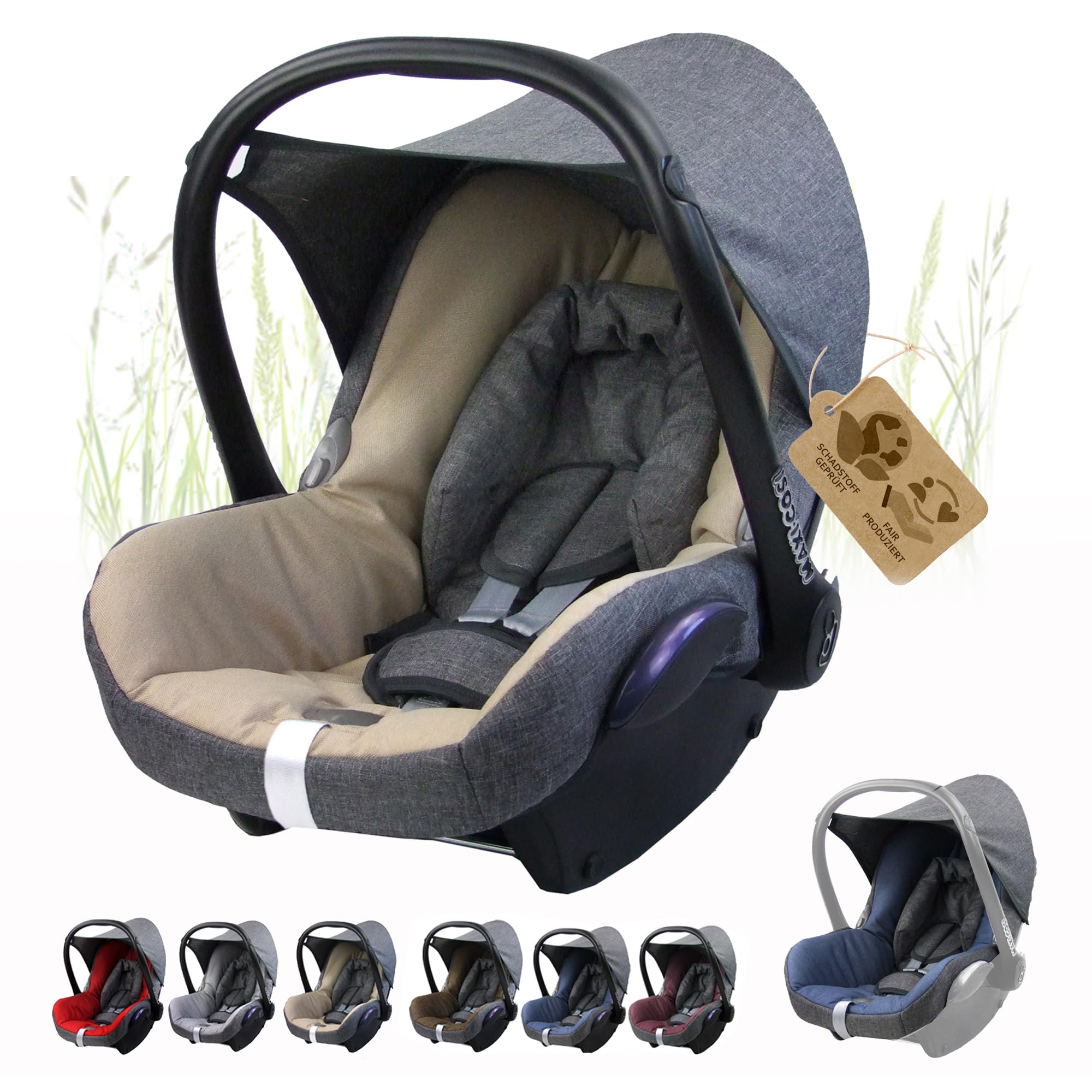 Ersatzbezug Babyschale kompatibel mit Maxi-Cosi Cabrio Fix grau/beige | 6-tlg Komplett-Set, inkl. Sitzbezug, Gurtpolster, Sonnenverdeck & Kopfstütze, gepolstert