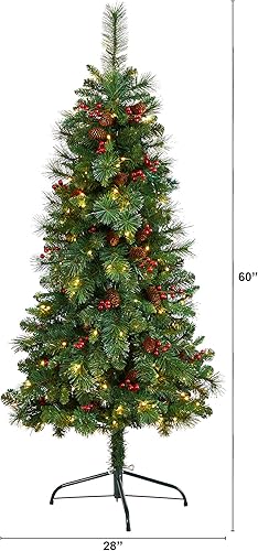 Miniatura 2 de Nearly Natural Árbol de Navidad artificial de pino de montaña de Montreal con parte trasera plana de 5 pies con piñas, bayas y 110 luces LED blancas