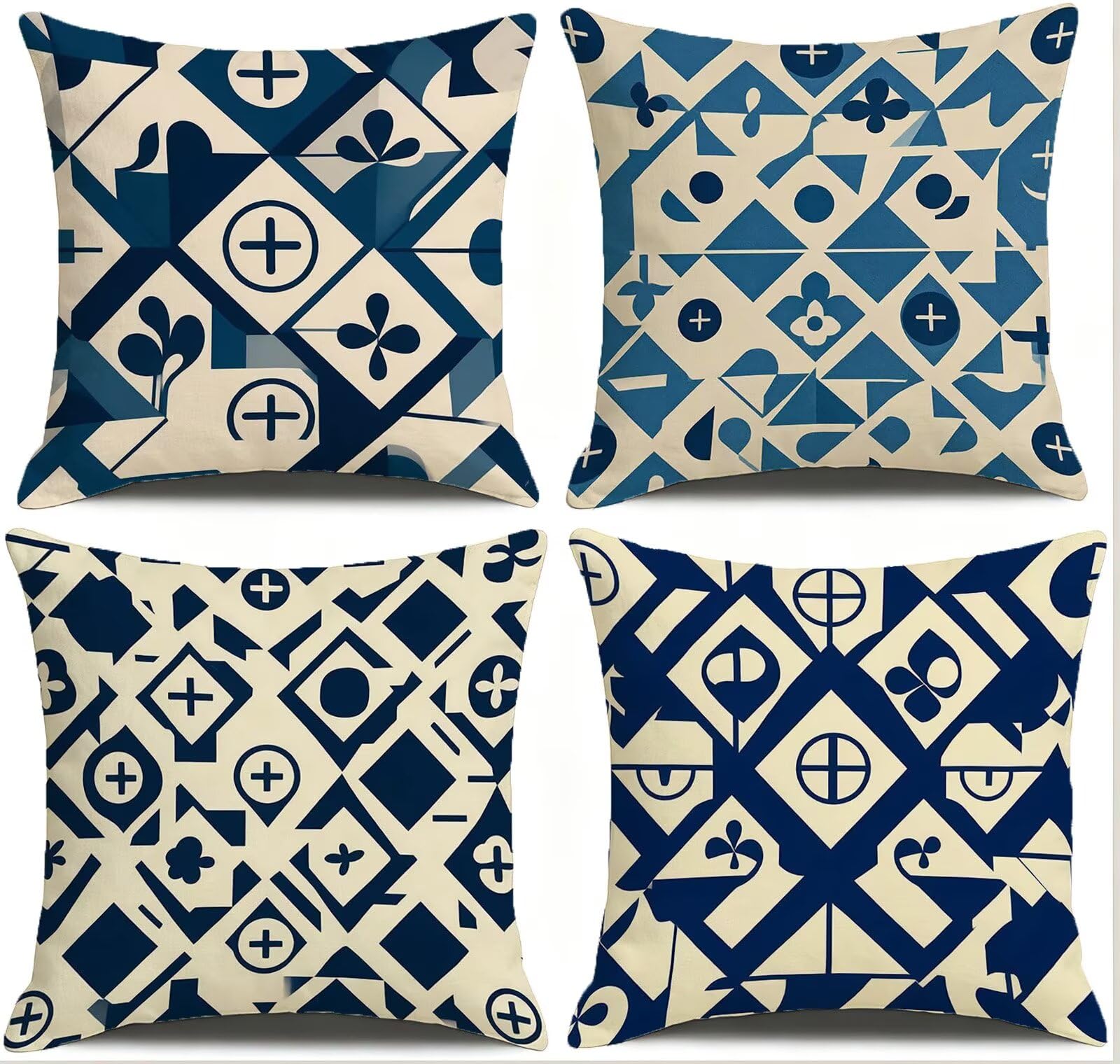 Blu Federe Cuscini Divano 50x50cm, Cuscini da Esterno Set de 4, Cod-128 | Lin Copricuscini Decorativi Letto Arredo, per Letto, Soggiorno, Giardino, Esterno, Casa Decorazione Set di 4 Geometria