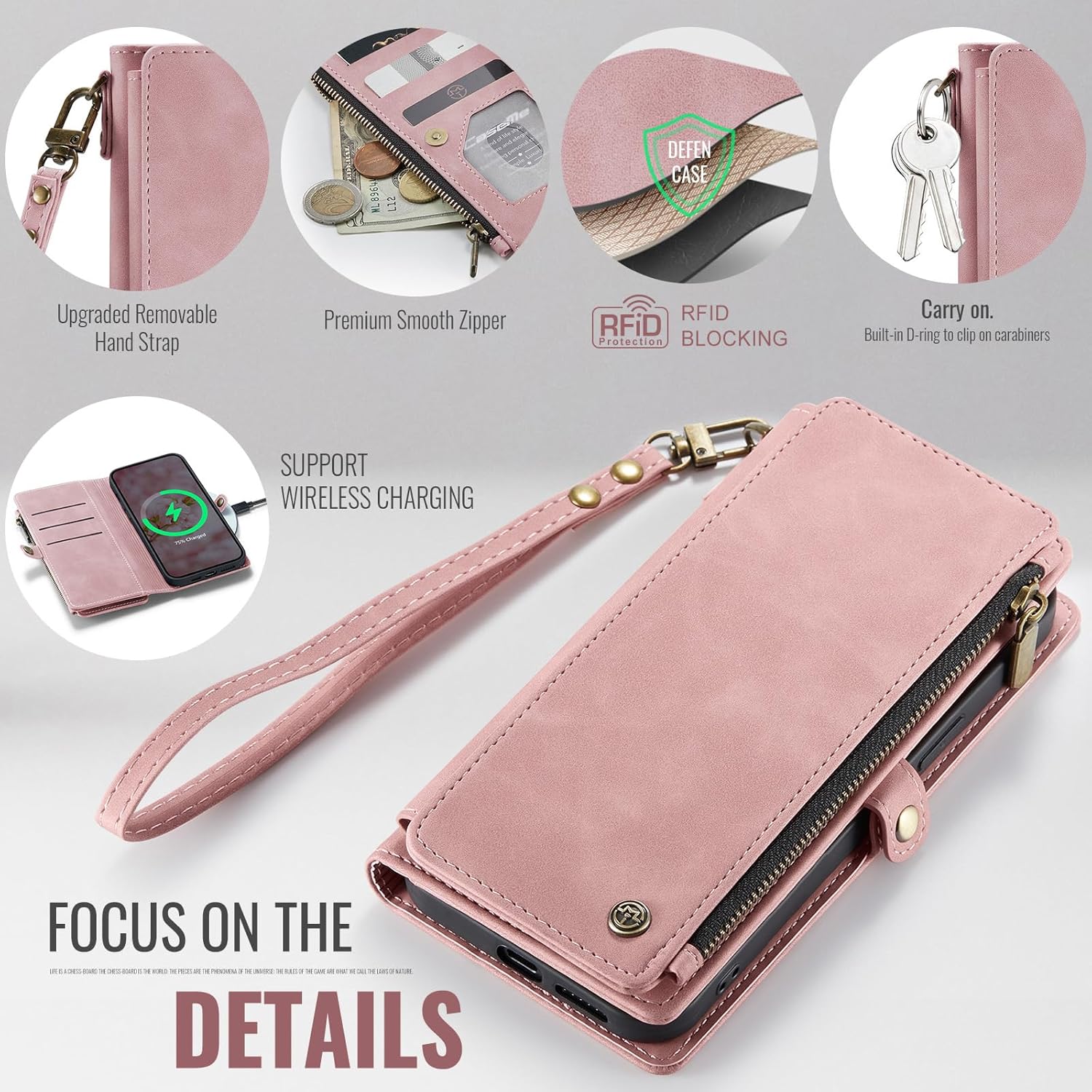 Defencase Compatible with iPhone XR Case Wallet with RFID Blocking Card Holder for Women and Men, Fashion PU Leather Magnetic Snap Flip Zipper Strap Wallet Phone Case Fit for iPhone XR 6.1", Rose Pink - Image 5