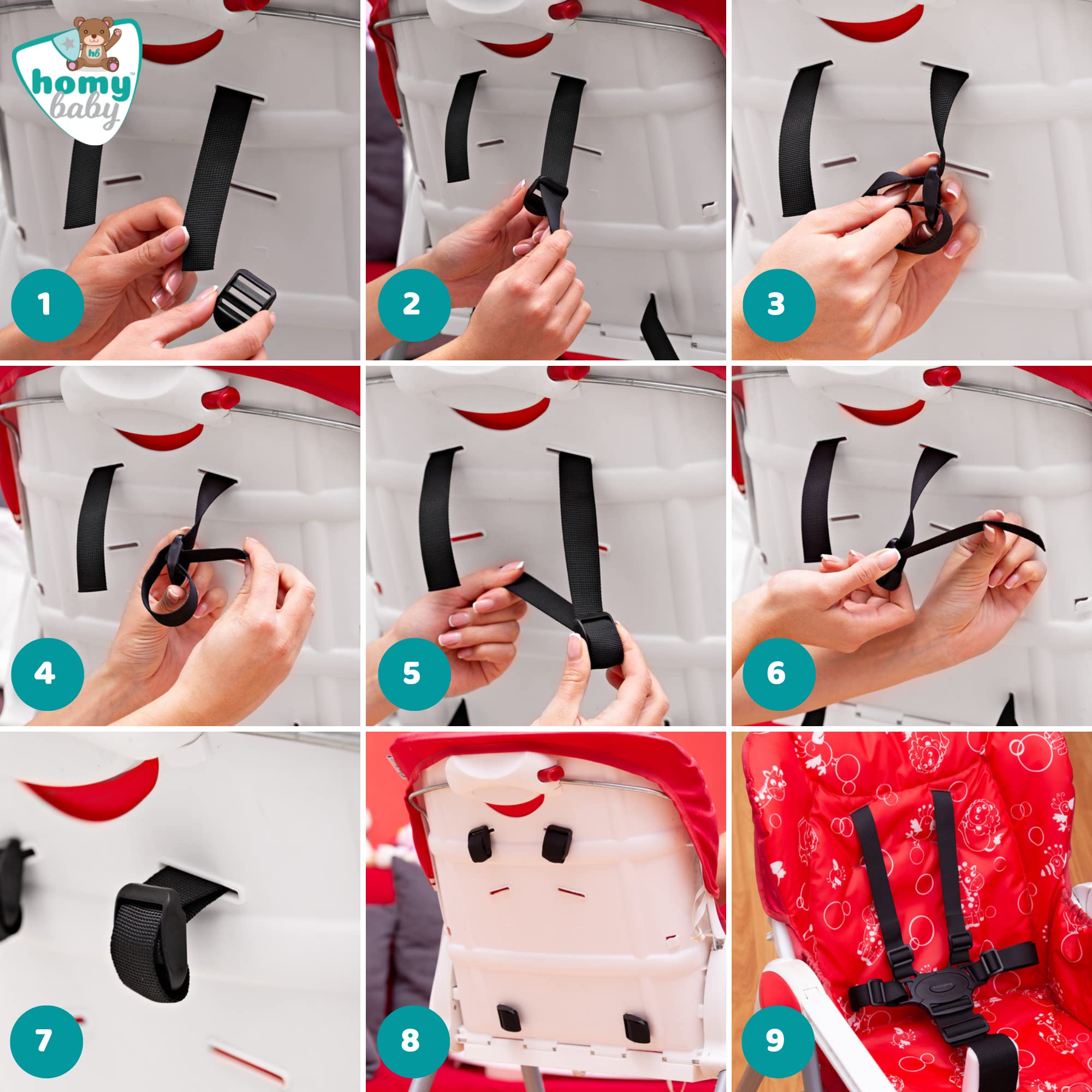 HOMYBABY® Cintura di Sicurezza per Bambini per Seggiolino | Cinghie per Bambini, Cintura per Passeggino, Adatta per Seggiolone Pappa Universale, Passeggini, Sedie, Ganci per Biciclette