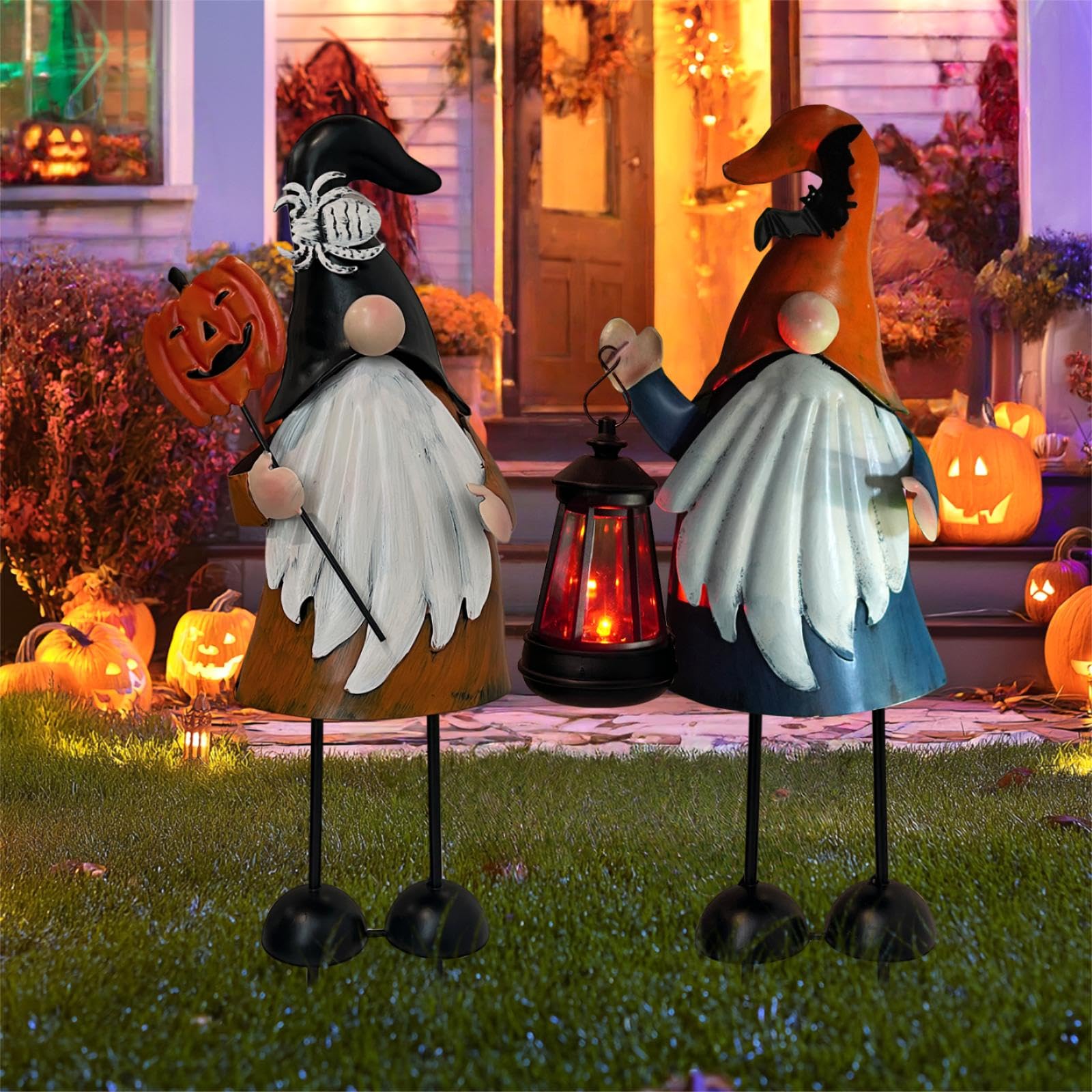 HONGLAND Metal Gnome Statues Set of 2 - Outdoor Year-Round Garden Yard Art Decor, Black&orange - Image 2